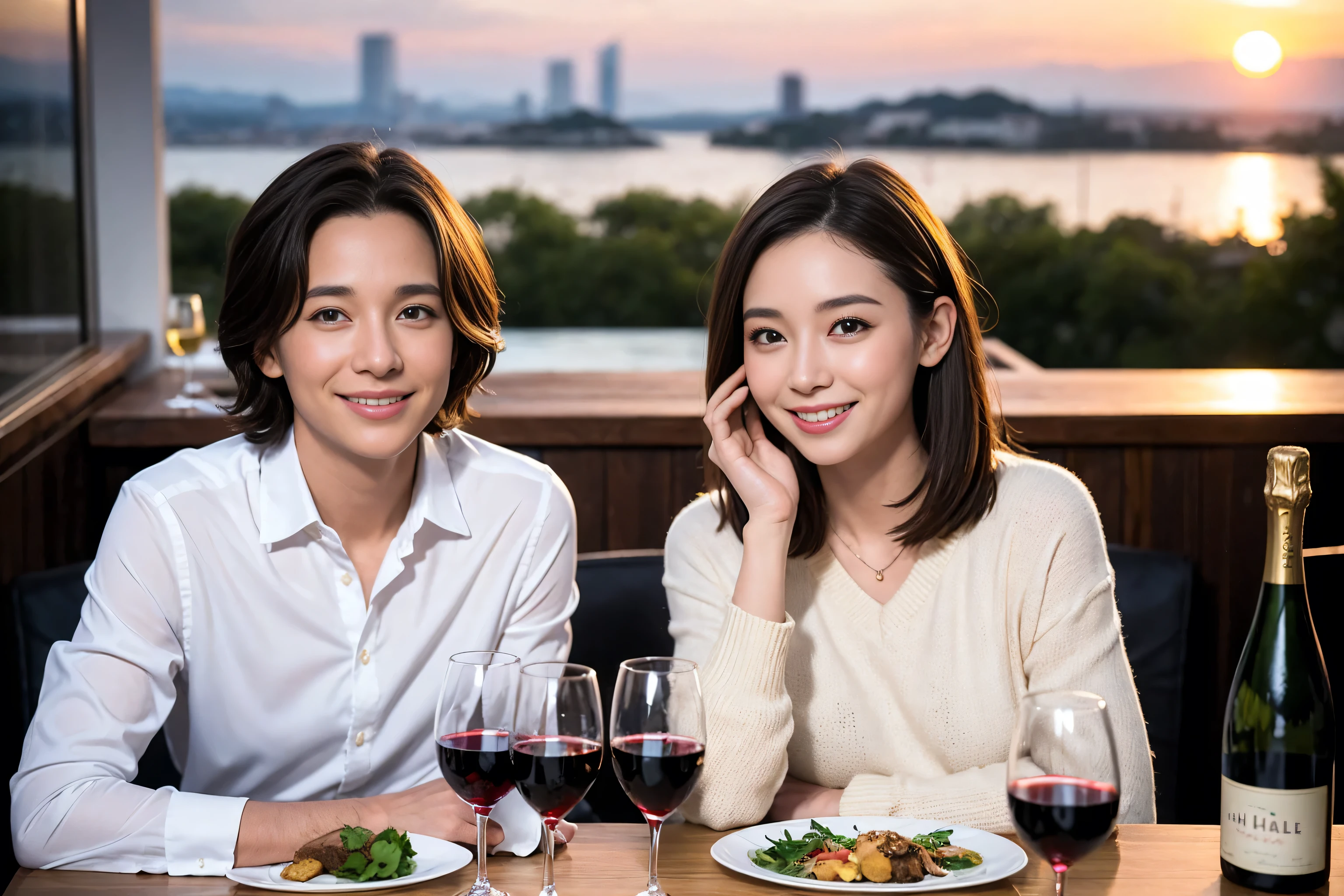 ((highest quality、8k、masterpiece:1.3))、1 male 1 female、Yui Aragaki-like Lovers、beautiful couple、Happy Smile、 (Slim face), (The body is スリム), (Brown Hair), (Shortcuts), ((Bob Hale、Straight hair:1.2)), Wine glass on the table、Please put light on my face、 Amazing view of the sunset sky and clouds、The wonderfulness of smiles、 (42 years old), 39 years old, red wine 、Appetizers、Italian food、Wine bottle、Champagne、sparkling wine、Long sleeve shirt、dress、restaurant, Nova Frog Style, actress, model, Upper Body, White wine, red wine, wine glass, 