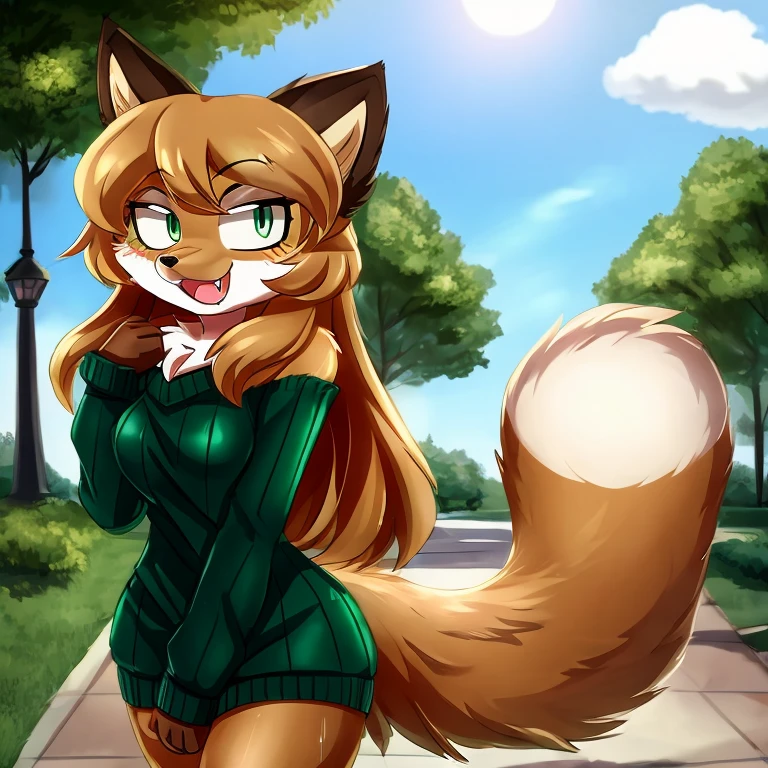 uploaded the e621, beautiful and detailed, woman (((female))) ((anthro)) Fox, (Averi, Fox girl), cinematic lighting, Fox, (anthro, fluffy fur), anthro fox girl, body fur, curvy, sexy, nice, cute, hot, comfortable anime-style cartoon-style, digital drawing, SFW, flat chest, chest fluff, nervous smiling, green eyes, sassy, sassy hips, smug, fangs, in a park, wet fur, green sweater