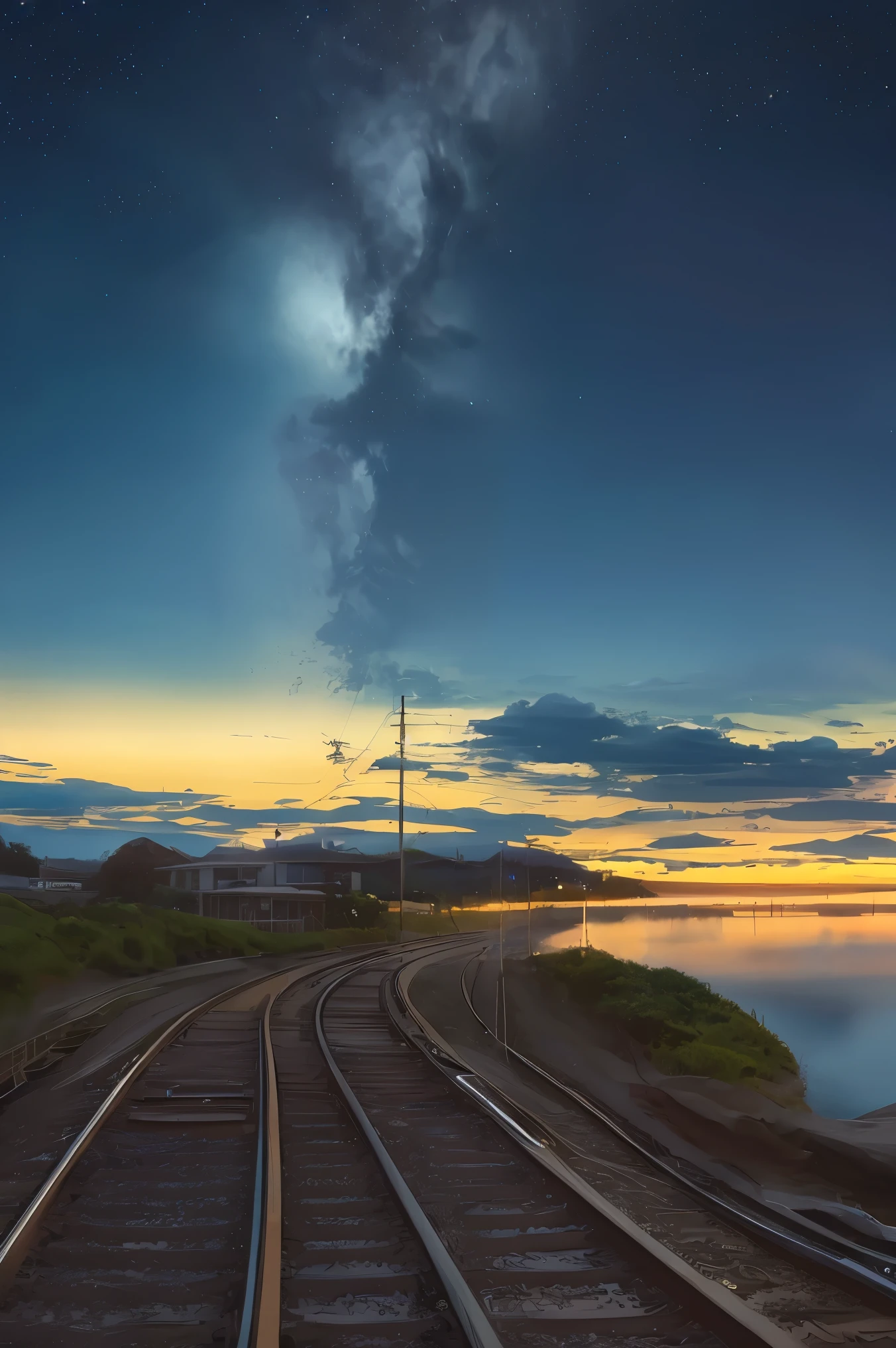 High quality masterpieces, landscapes, clouds, anime train passing water bodies on railway tracks in the distance, bright starry sky. traveler, romantic lights, pixiv, concept art, lofi art style, reflection. Makoto Shinkai, rophy art, beautiful anime scenes, anime scenery, detailed scenery — width 672, Makoto Shinkai's style, Makoto Shinkai's style, enhanced details.  