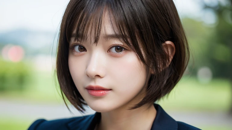 (Bob Cut Hair:1.2),(Wear a blazer:1.2),1 girl,Japanese,21 years old,(Small breasts:1.3),(highest quality,masterpiece:1.3,超A high resolution,),(Ultra-detailed,Caustics),(Photorealistic:1.4,RAW shooting,)Ultra-Realistic Capture,Very detailed,High resolution 16K human skin close-up。 Natural skin texture、,Pores、、It needs to be detailed enough to be easily identifiable。 Skin should be even-toned and healthy looking。 Use natural light and colour, Sad expression, Looking at the camera, Perfect dynamic composition, Outdoor