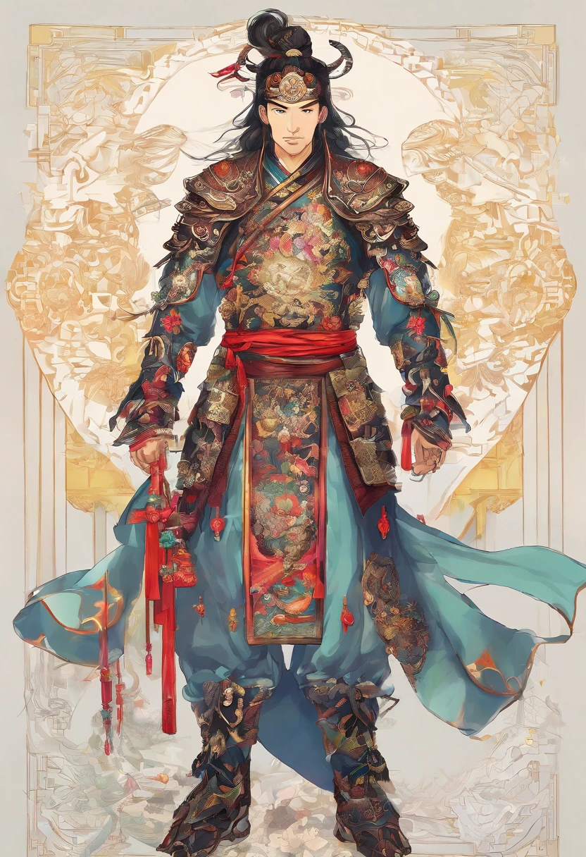 Ancient Chinese man in armor、Clever man、Looking into the camera、His hair is in a bun、Only one topknot、Black Hair、Stand and pose、Pixel art、(masterpiece, highest quality, highest quality), pixel,pixel art,whole body,Characters in Romance of the Three Kingdoms、Transform、Short Deformation、The head is decorated with white embroidery.....、Handsome man in trousers