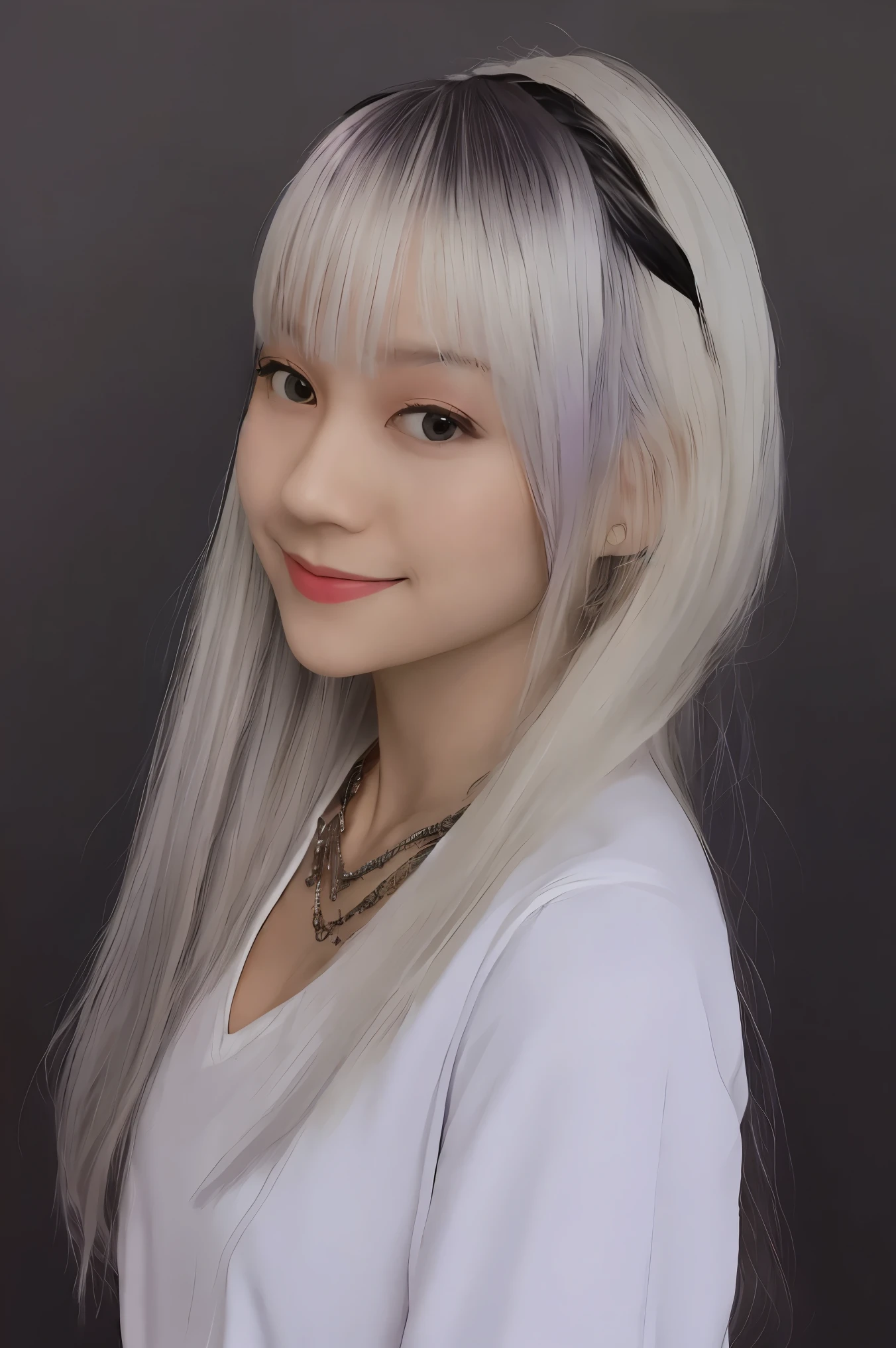 Masterpiece,1girl,solo, light smile, metal necklace, white shirt, modern , accessories, two-tone hair color in purple and black, unique hairstyle, stylish, black background