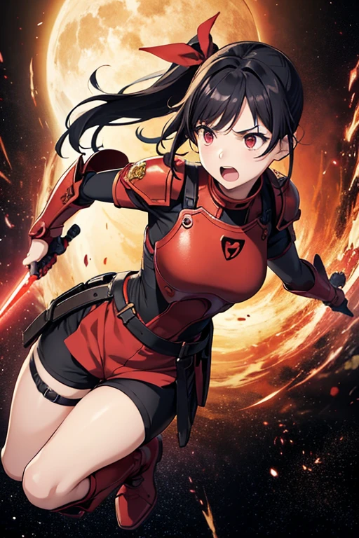 Anime drawings、Full body portrait、Red armored warrior from space science fiction、A woman of about 18 years old, about 150cm tall, wearing a red breastplate and shorts, jumps in with a spear、Bullish expression、Open mouth and screaming、Hairstyle: short ponytail、Black Hair、Short boots