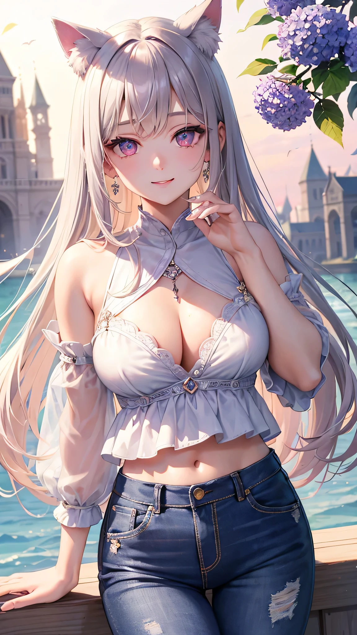 masterpiece,highest quality,Highly detailed face,fine grain,Waterfront,bubble,Sparkling eyes,Highlighted eyes,Center of chest,pretty girl,smile,Cat ear,Beautiful silver hair,Pink inside,Beautiful pink eyes,Oversized shirt、Hydrangea, distressed jeans