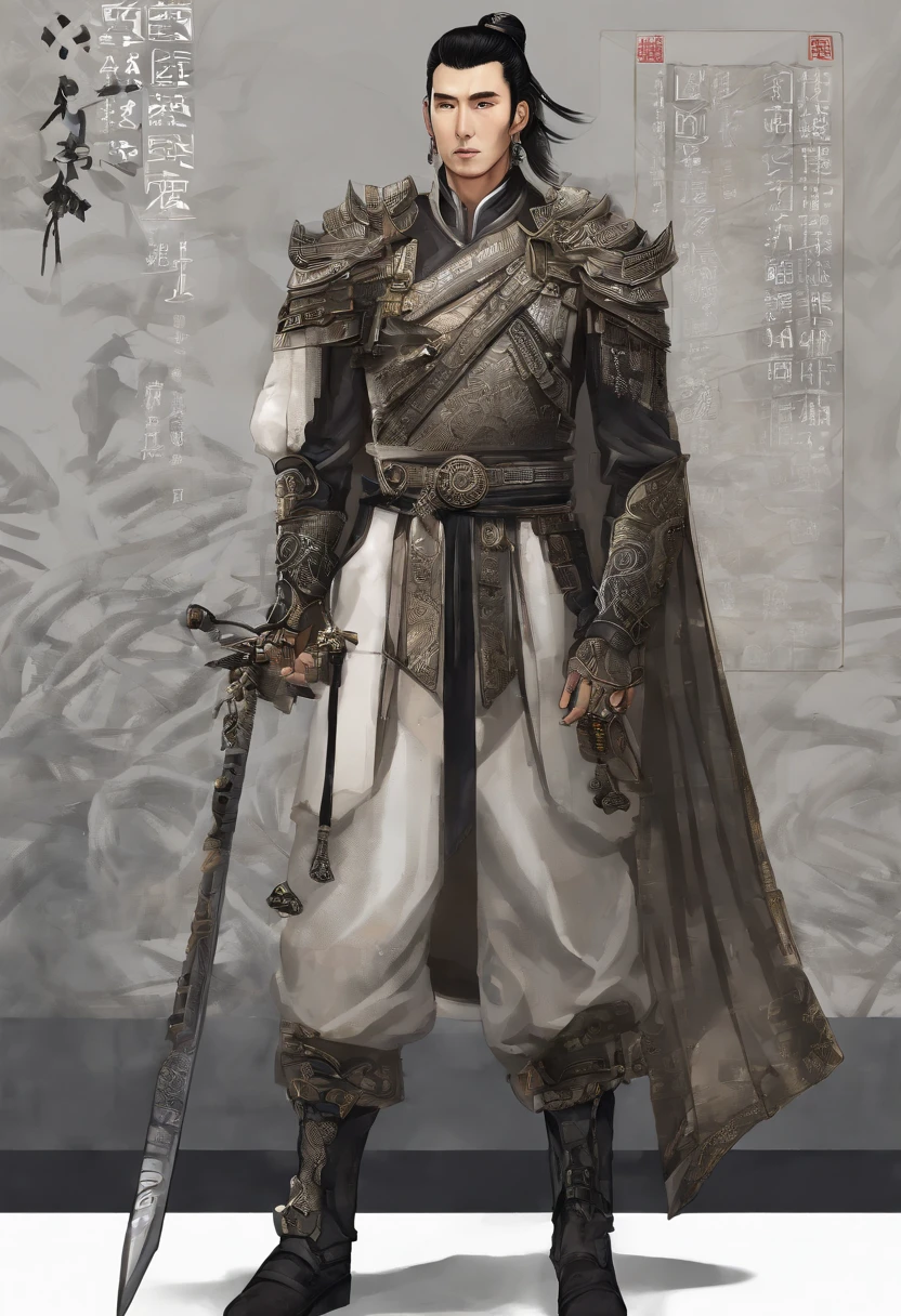 Ancient Chinese man in armor、Clever man、Looking into the camera、His hair is in a bun、Only one topknot、Black Hair、Stand and pose、Pixel art、(masterpiece, highest quality, highest quality), pixel,pixel art,whole body,Characters in Romance of the Three Kingdoms、Transform、Short Deformation、The head is decorated with white embroidery.....、Handsome man in trousers