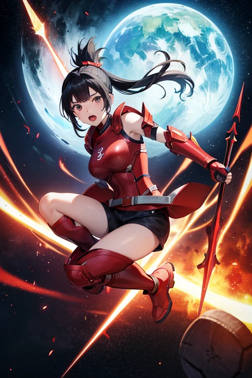 Anime drawings、Full body portrait、Red armored warrior from space science fiction、A woman of about 18 years old, about 150cm tall, wearing a red breastplate and shorts, jumps in with a spear、Bullish expression、Open mouth and screaming、Hairstyle: short ponytail、Black Hair、Dark Eyes、Short boots