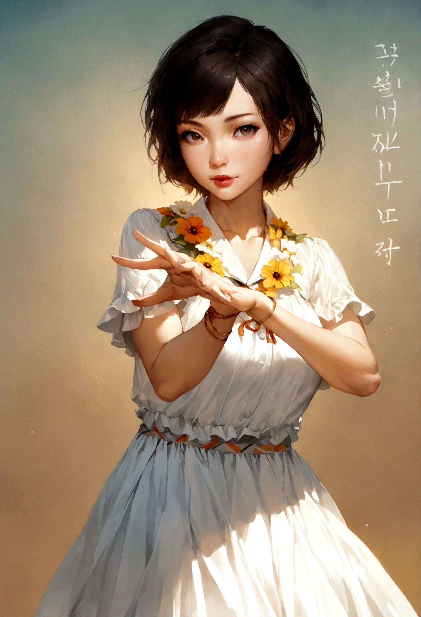 A very beautiful and attractive short-haired woman of Korean nationality with a hyper-realistic concept., Draw a person in their mid-20s wearing the 2024 summer fashion and in a greeting pose.