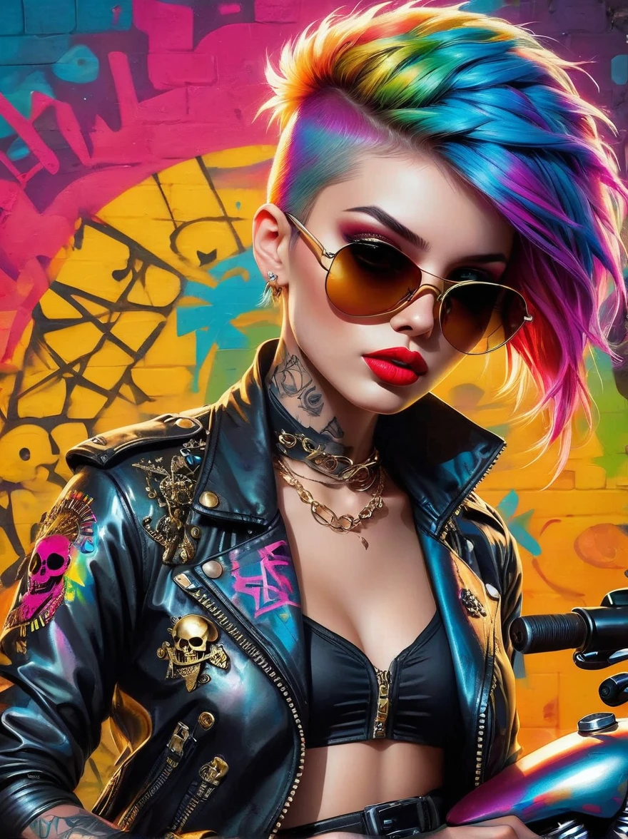Punk style,Fantasy Gothic,((The most rebellious bad girl in history)),1girl,((solo)),(((Stylish sunglasses))),cap,Lips in love,Skull Fashion,Neon,Short iridescent hair,Rainbow fabric,Biker Jacket,Bodysuit,Gold pattern,Ancient runes,Metal nails,(Middle finger raised:1.3),Standing in front of a motorcycle skull graffiti art background,Add whimsy to the scene,To enhance the sharpness and modernity of the scene,Sharp lines,Bold brushstroke numbers