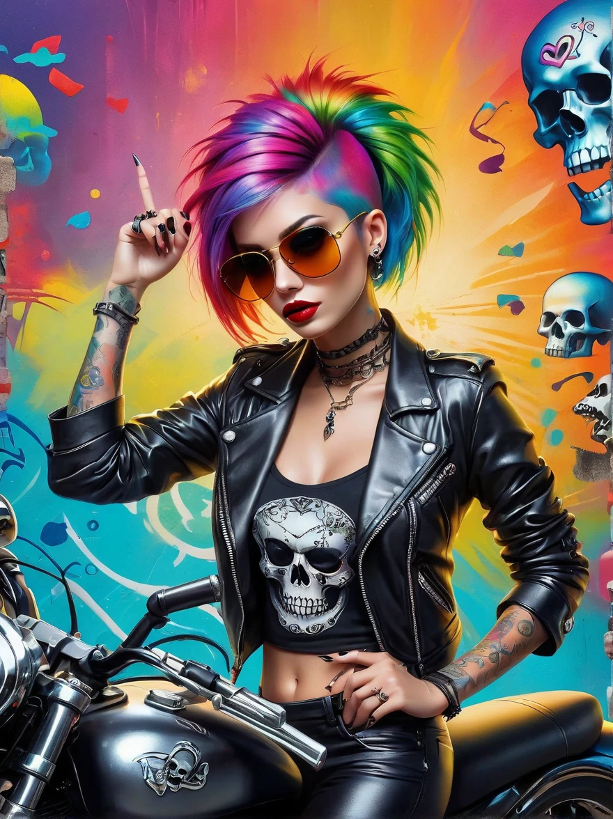 Punk style, Fantasy Gothic, ((The most rebellious bad girl in history)), 1girl, ((solo)), (((Stylish sunglasses))), Pirate hat, Lips in love, Skull Fashion, Neon, Short iridescent hair, Rainbow fabric, Biker Jacket, Bodysuit, Gold pattern, Ancient runes, Metal nails, (Middle finger raised:1.3), Standing in front of a motorcycle skull graffiti art background, Add whimsy to the scene, To enhance the sharpness and modernity of the scene, Sharp lines, Bold brushstroke numbers, Surrealism, Conceptual art, Futurism, UHD, masterpiece, accurate, anatomically correct, textured skin, super detail, high details, award winning, 8k