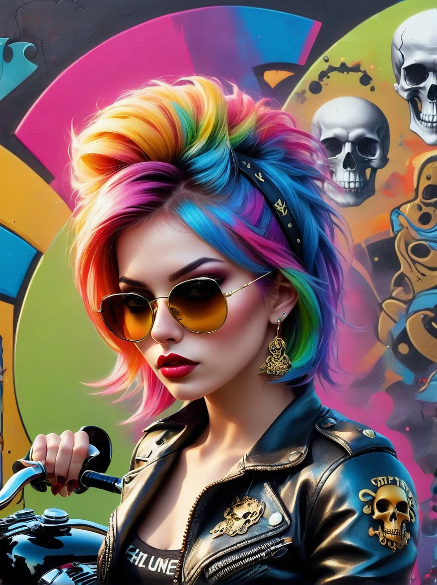 Punk style,Fantasy Gothic,((The most rebellious bad girl in history)),1girl,((solo)),(((Stylish sunglasses))),cap,Lips in love,Skull Fashion,Neon,Short iridescent hair,Rainbow fabric,Biker Jacket,Bodysuit,Gold pattern,Ancient runes,Metal nails,(Middle finger raised:1.3),Standing in front of a motorcycle skull graffiti art background,Add whimsy to the scene,To enhance the sharpness and modernity of the scene,Sharp lines,Bold brushstroke numbers