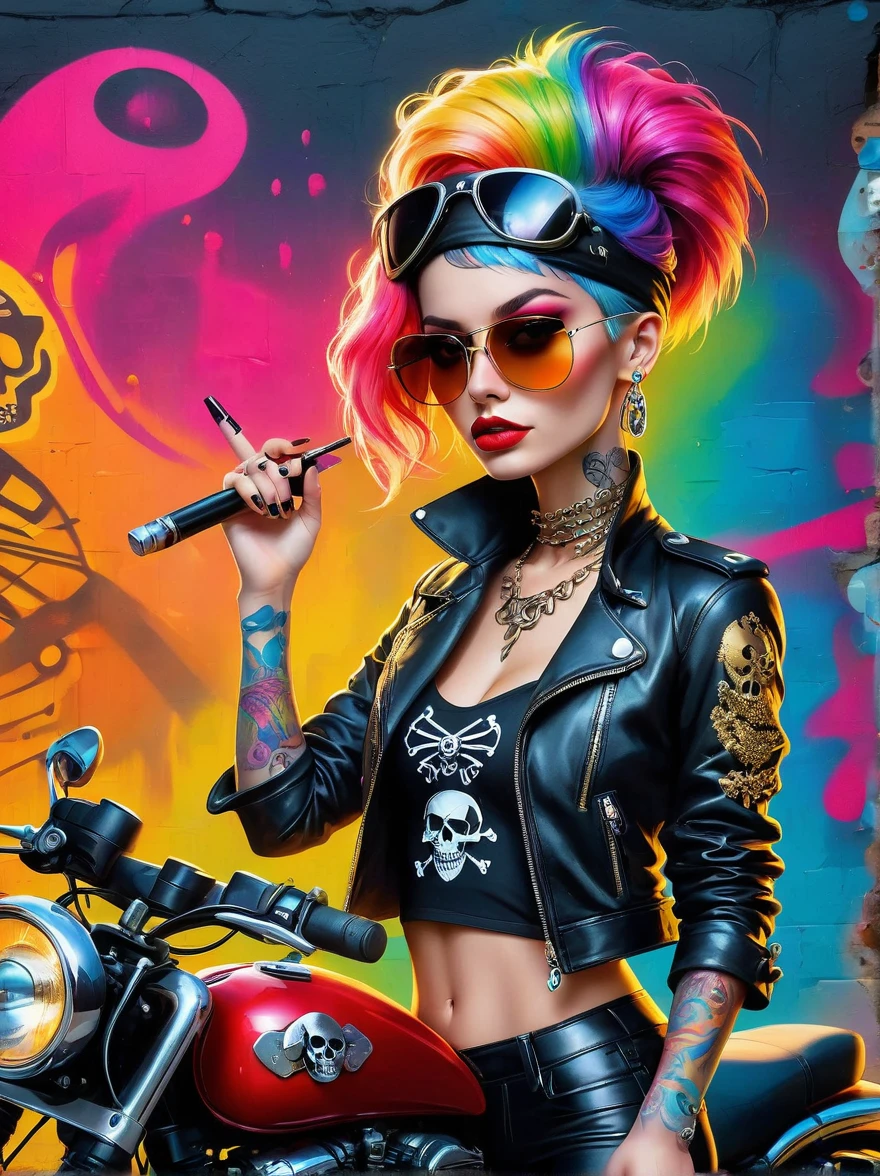 Punk style, Fantasy Gothic, ((The most rebellious bad girl in history)), 1girl, ((solo)), (((Stylish sunglasses))), Pirate hat, Lips in love, Skull Fashion, Neon, Short iridescent hair, Rainbow fabric, Biker Jacket, Bodysuit, Gold pattern, Ancient runes, Metal nails, (Middle finger raised:1.3), Standing in front of a motorcycle skull graffiti art background, Add whimsy to the scene, To enhance the sharpness and modernity of the scene, Sharp lines, Bold brushstroke numbers, Surrealism, Conceptual art, Futurism, UHD, masterpiece, accurate, anatomically correct, textured skin, super detail, high details, award winning, 8k