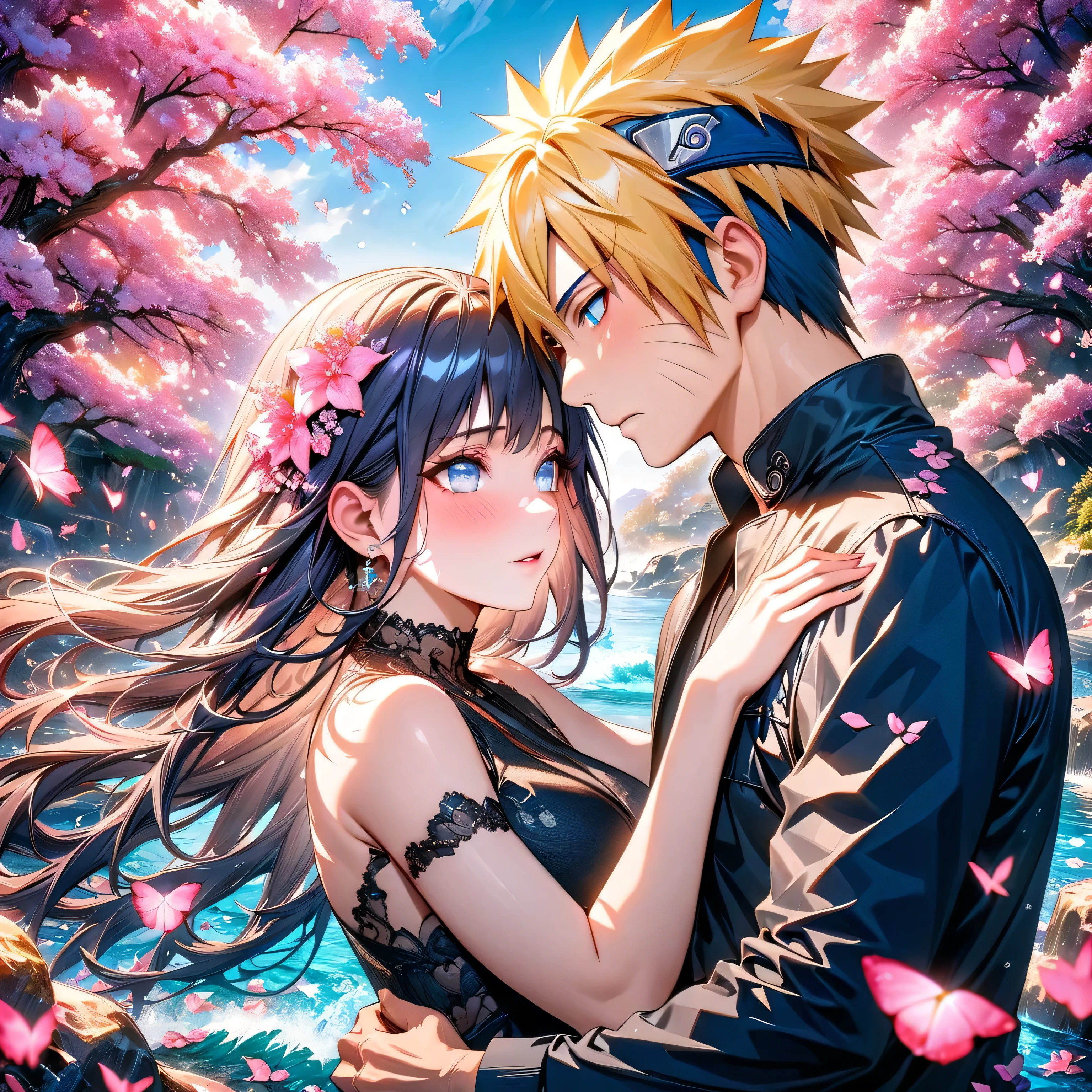 absurdres, highres, ultra detailed, HDR, master piece, best quality , Naruto Uzumaki, Yellow hair, expressive blue eyes, Naruto Shippuden, Hinata, dark indigo hair, expressive white eyes, a man together with a woman, couple, black clothes, pink blossoms, pink flowers, water, pink butterflies, masterpiece