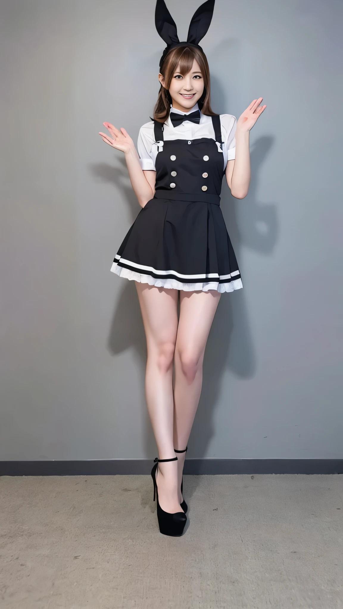 Bunny girl working at maid cafe:1.5，The best smile:1.5，Full Body Shot:1.5，Gray background:1.5，Wearing black high heels:1.5，Stand up straight and salute:1.5