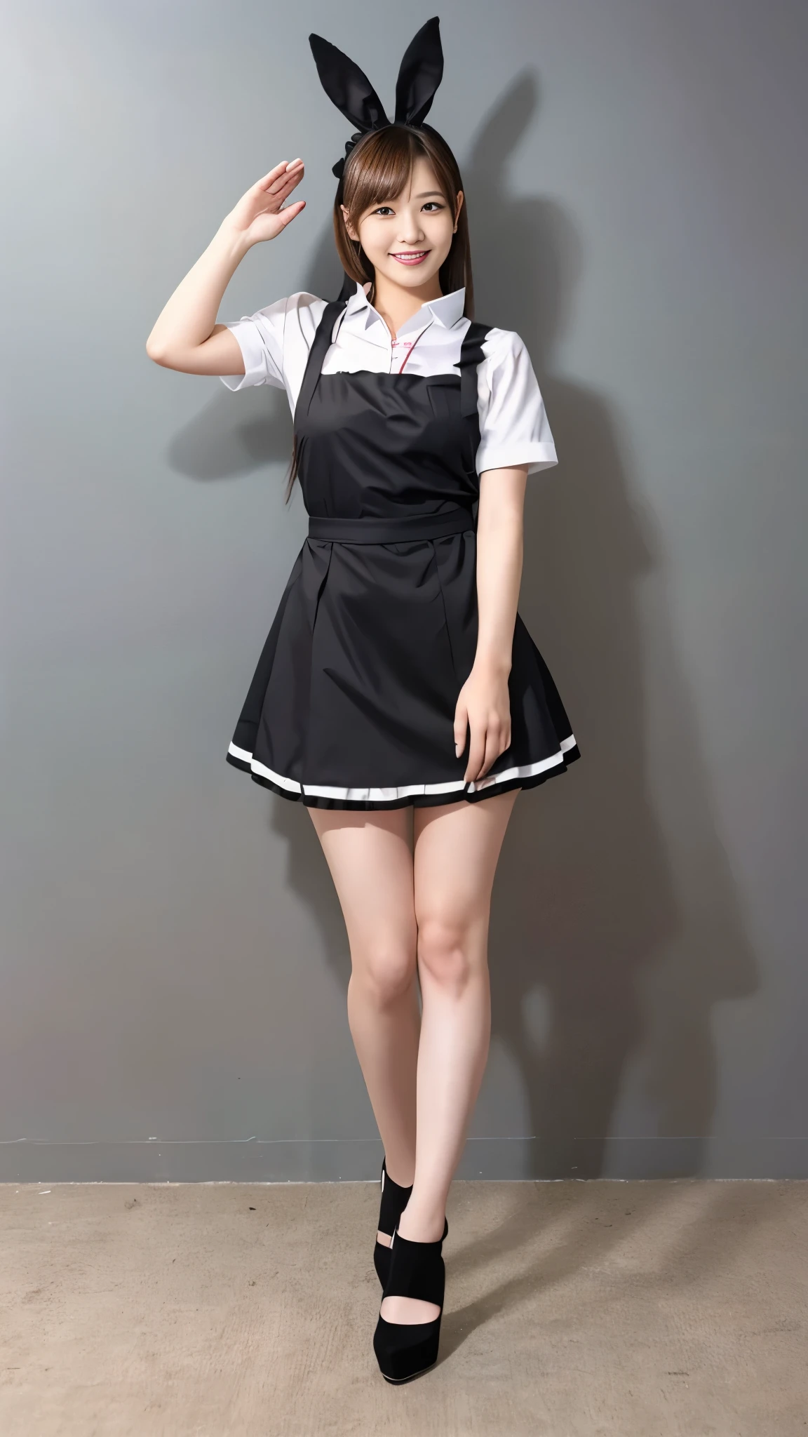Bunny girl working at maid cafe:1.5，The best smile:1.5，Full Body Shot:1.5，Gray background:1.5，Wearing black high heels:1.5，Stand up straight and salute:1.5
