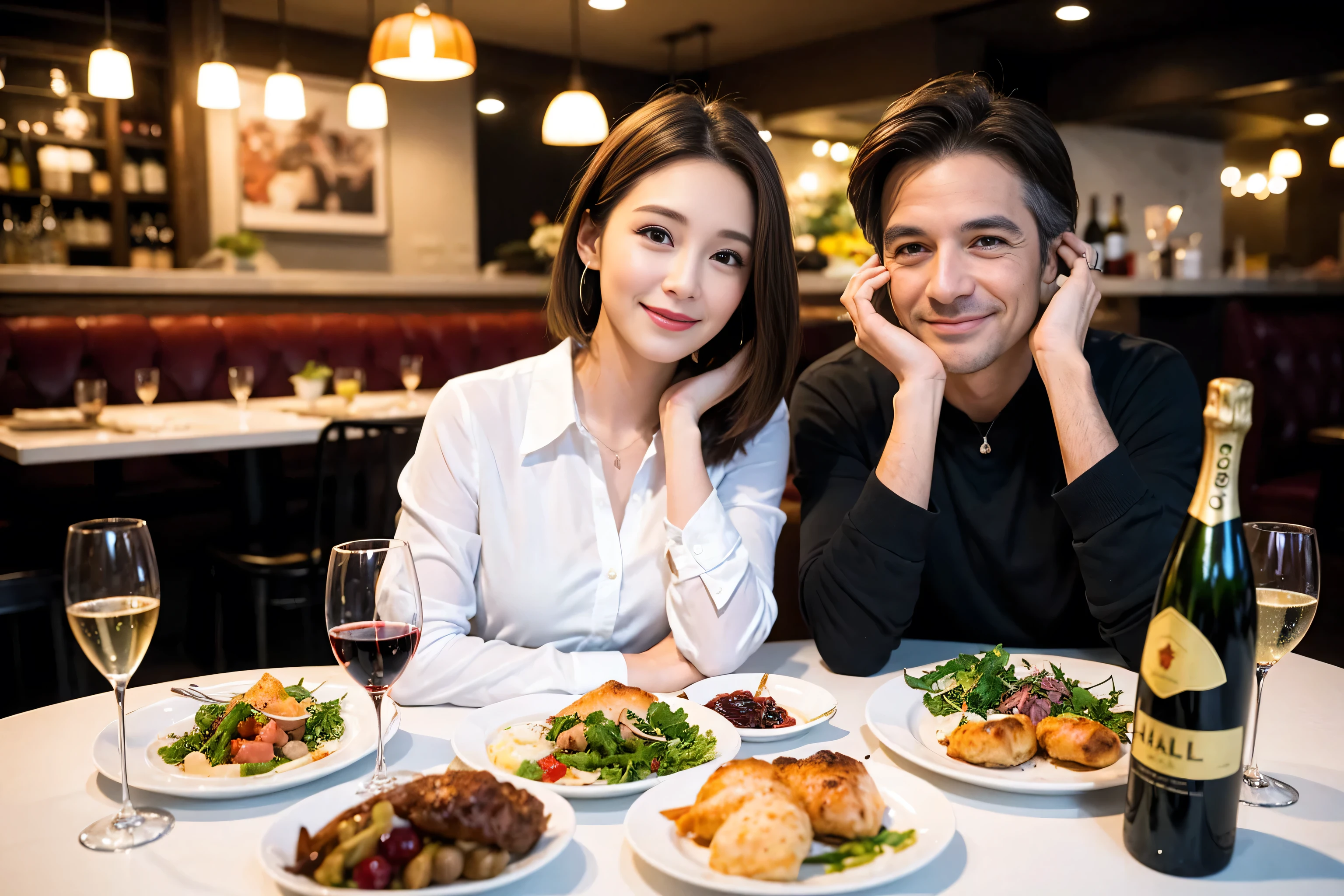 ((highest quality、8k、masterpiece:1.3))、1 male 1 female、Yui Aragaki-like Lovers、beautiful couple、Happy Smile、 (Slim face), (The body is スリム), (Brown Hair), (Shortcuts), ((Bob Hale、Straight hair:1.2)), Wine glass on the table、Please put light on my face、 Amazing view of the sunset sky and clouds、The wonderfulness of smiles、 (42 years old), 39 years old, red wine 、Appetizers、Italian food、Wine bottle、Champagne、sparkling wine、Long sleeve shirt、dress、restaurant, Nova Frog Style, actress, model, Upper Body, White wine, red wine, wine glass,