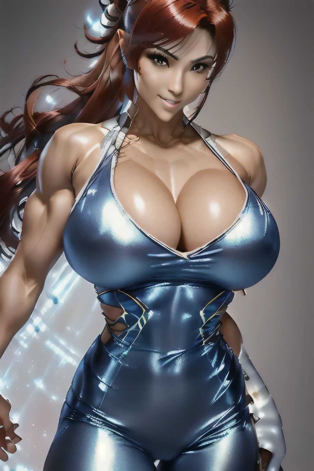Arabian woman in shiny silver clothing taking a photo, Red Hair、Indigo eyes、Gym Chun-Li, Muscular sweat lara croft, Muscular girl, Photorealistic perfect body, Tifa lockhart, Muscular!! Science fiction, Perfect body with realistic shading, Tifa, by Okada Beisanjin, Muscular!, Muscular body, sexy Muscular upper body, Biomechanical Boobs