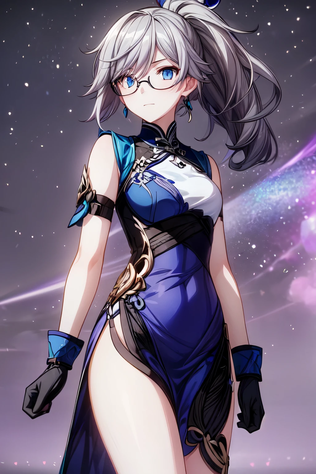 1girl(Fu Hua\Honkai Impact 3rd\, glasses, gray hair, ponytail, blue eyes, blue uniform, gloves)