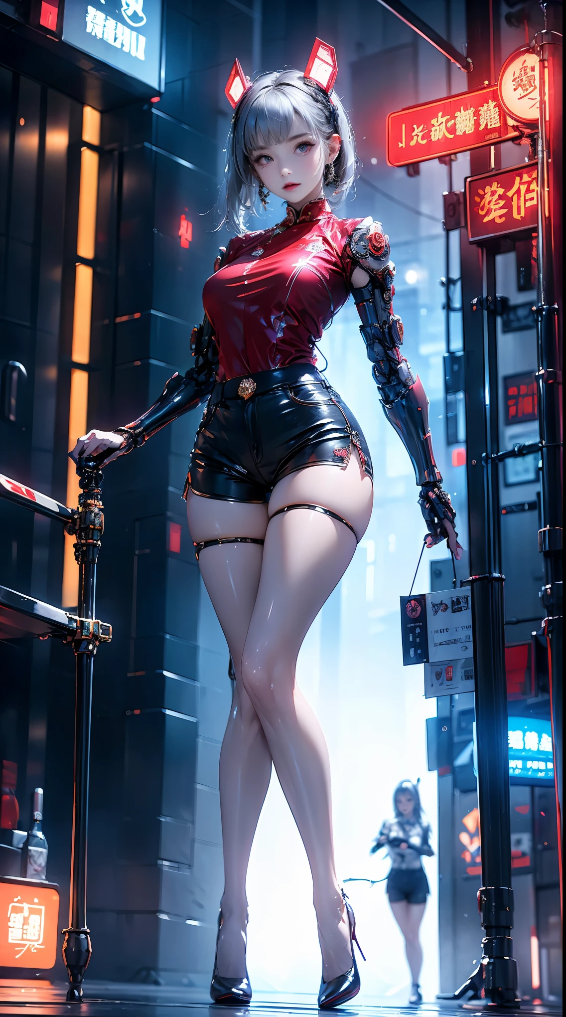 masterpiece,best quality,high resolution, 1 Girl,from below,(The legs are very thin and straight)，,(Very long legs，Straight Legs),,High heel,long legs,stand up, Leg length when viewed from the front, Perfect body,Have perfect legs,(Exterior)，Full Body Love，cyberpunk characters，dynamic poses，1 Girl，Exquisite eyes，Brown eyes，Eyeshadow，make up，Long gray hair， Detailed face， delicate eyes， Looking at the audience， blush\（make up\）， Plump lips， Red lips，（Long gray hair：1.3）， （stand up）Mechanical static，Machine Summoning，(Hair accessories:1.1)，Headgear，((((Red suit ，Ultra shorts))))，(Black stockings)，City，Luminous winding，He held a long sword，arms，cyberpunk lamp:1.1)，Neon，Fully mechanical and futuristic elements，science and technology，背景是一條中國傳統的street，China Town， street， sky sky， cyberpunk characters， Paper lanterns， Neon Super Resolution，（Reality：1.3），1（Slim：1.2），Dramatic Lighting，Vibrant details，Luxury Cyberpunk，Complex background，Octane Rendering，