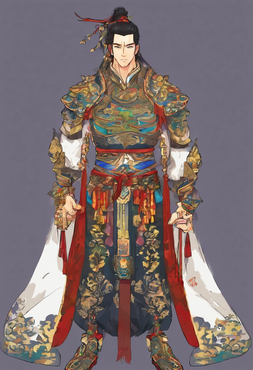 Ancient Chinese man in armor、Clever man、Looking into the camera、His hair is in a bun、Only one topknot、Black Hair、Stand and pose、Pixel art、(masterpiece, highest quality, highest quality), pixel,pixel art,whole body,Characters in Romance of the Three Kingdoms、Transform、Short Deformation、The head is decorated with white embroidery......、Handsome man in trousers