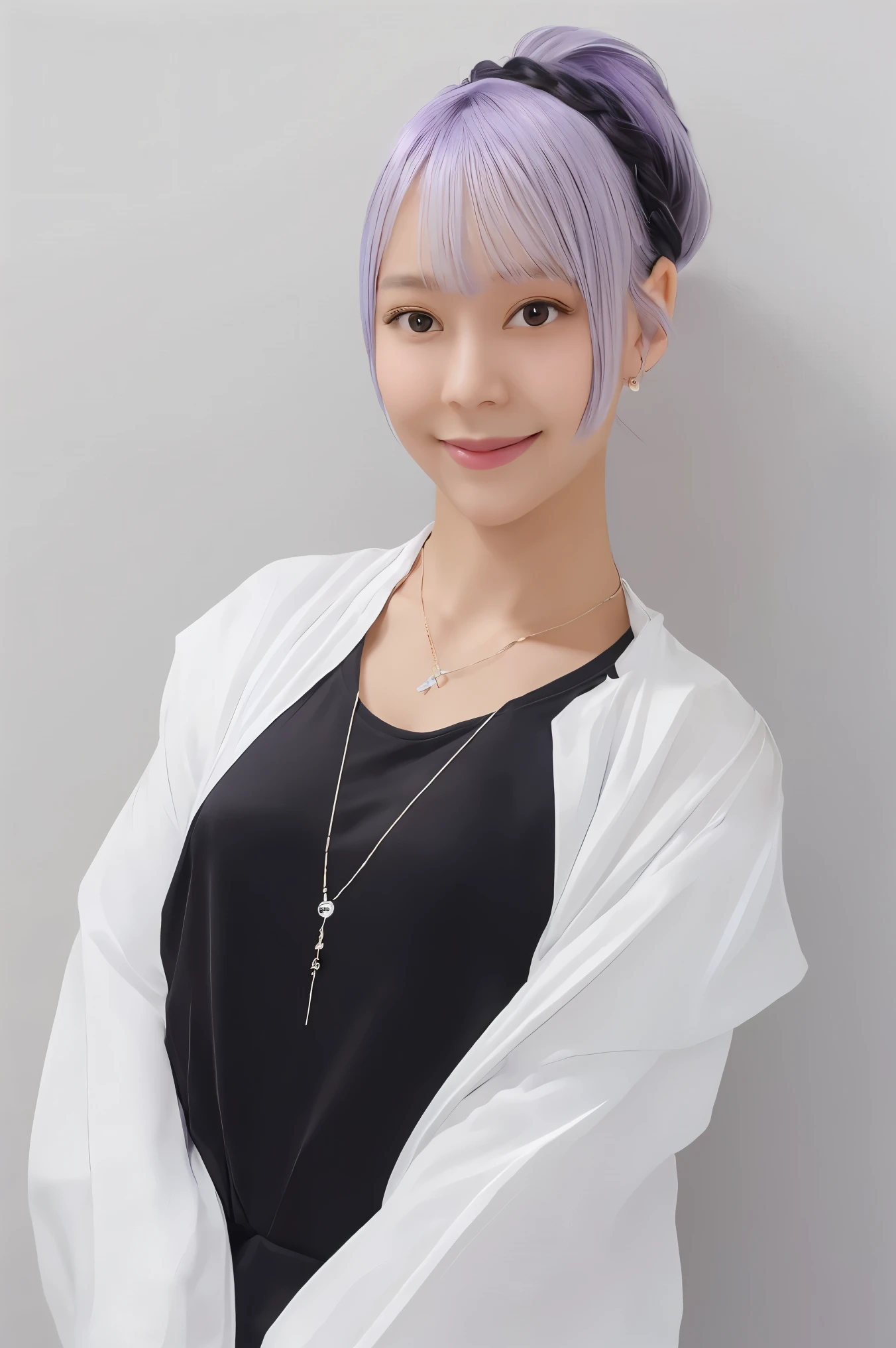 Masterpiece,1girl,solo, light smile, metal necklace, white shirt, modern , accessories, two-tone hair color in purple and black, unique hairstyle, stylish, black background