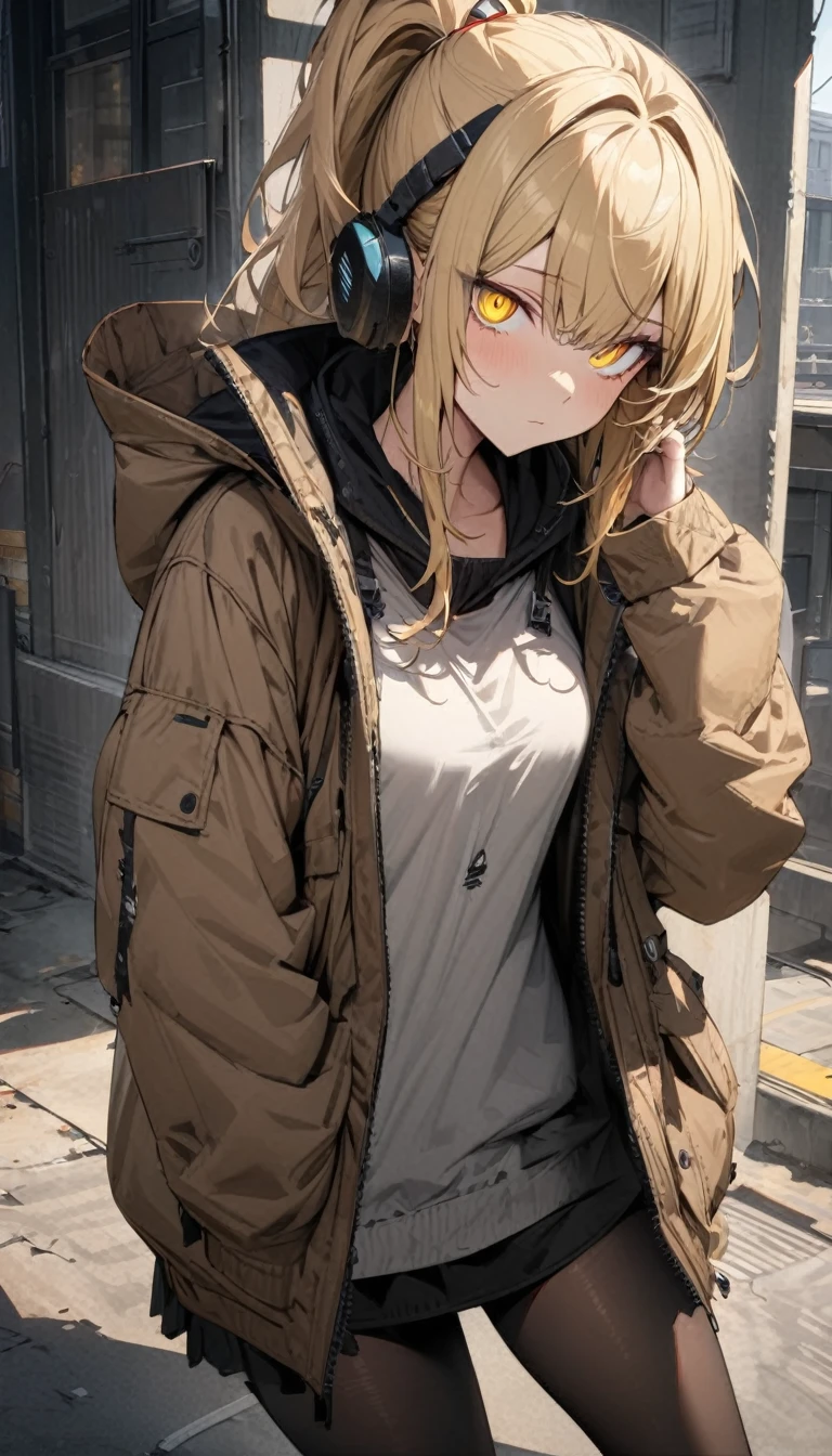 masterpiece, best quality, ultra detailed, detailed eyes,
a girl, handsome,
blond hair, ponytail,
yellow eyes,
headphone, parka, black tights, sneaker,
expressionless,