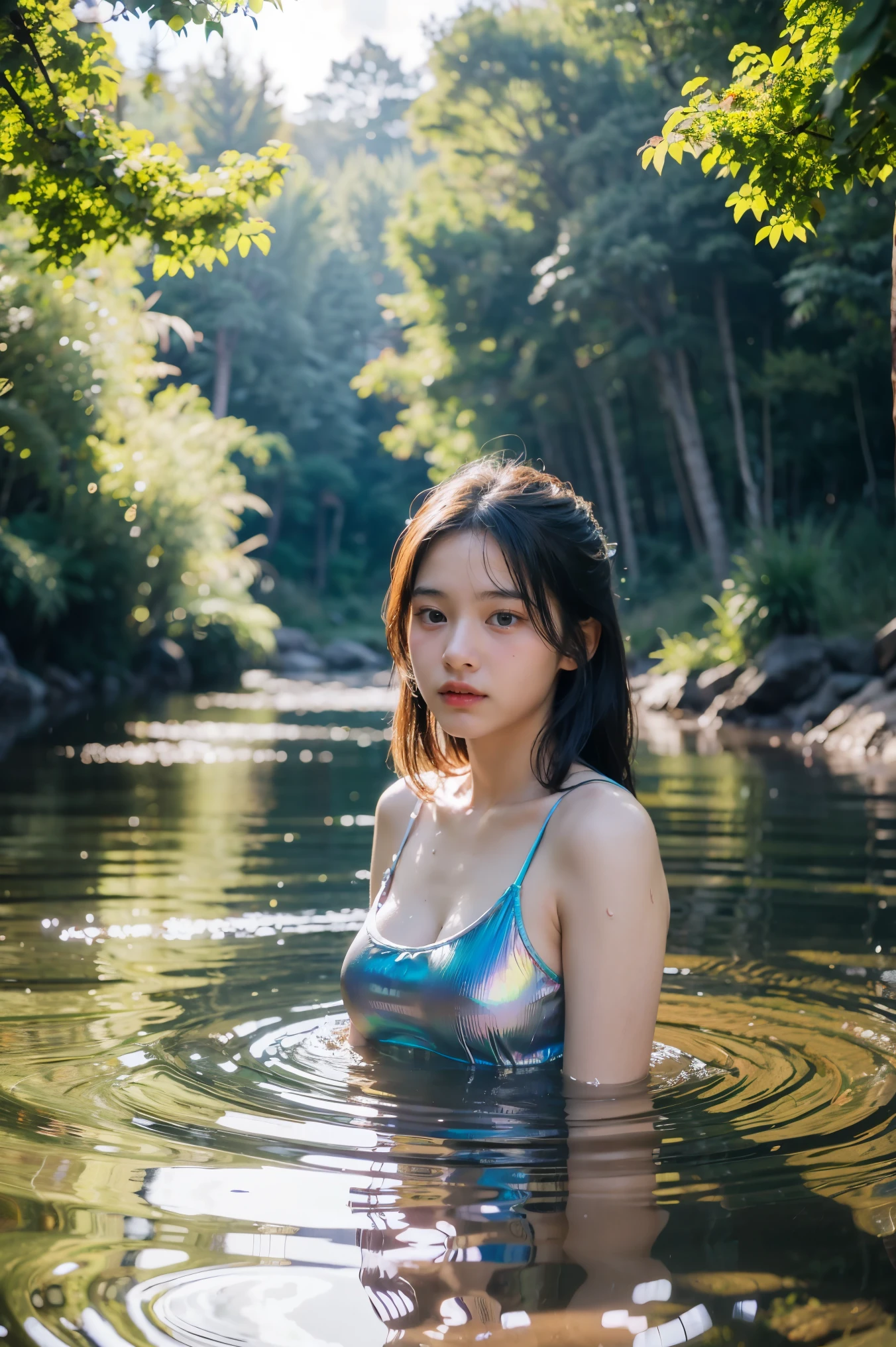 maozonia indigenous girl, 18 years old, bathing in a river, in the middle of the forest, a jaguar watching from afar, sad, Clockpunk, Gamercore, street level view, Blender rendering, 100mm, Sculpture, iridescent colors, Medicalcore, strobe lighting, ultra realistic, photorealistic, octane render, unreal engine, hyper detailed, volumetric lighting, hdr, octane render, fantasy 4k 8K