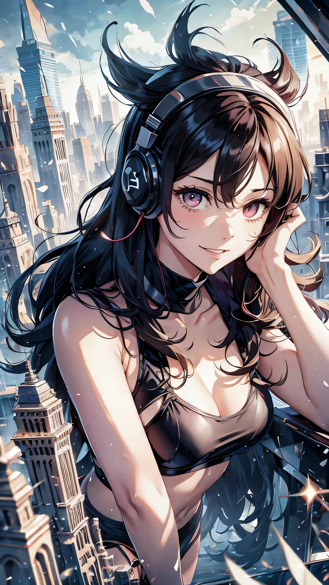 Highest quality、Highest quality、Masterpiece、girl((half、18-year-old、as soon as、Highest Bust、Medium Bust、Wide open chest、Red glowing eyes、Black Ear、Red Mesh、Disheveled Hair、Loincloth、thin、The best valley、Open chest、hair ornaments、Full body view、pants、Sports Bra、Random Pause、smile、headphone))、high quality、Beautiful Art、background((Collapsing Ground、no gravity、Floating Object、City of night))、flight、Flying Debris、Depth of text、movie、Visual Arts、Perfect Art、8K、Genuine、Special Angles