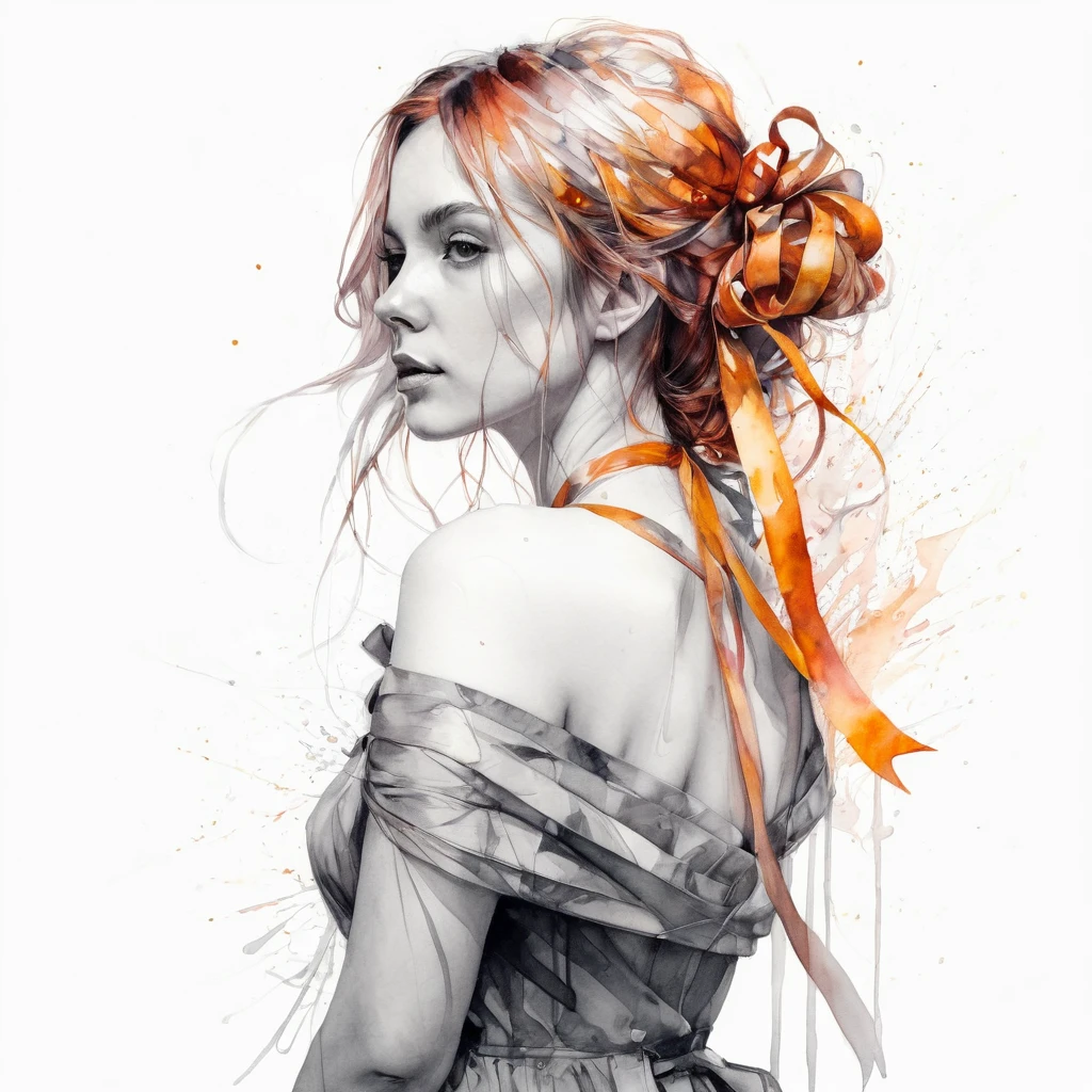 (8k, best quality, masterpiece:1.2),(best quality:1.0), (ultra highres:1.0), pencil artwork, a beautiful woman, shoulder, hair ribbons, by agnes cecile, full body portrait, extremely luminous bright design, (ink:1.3), autumn lights, full body