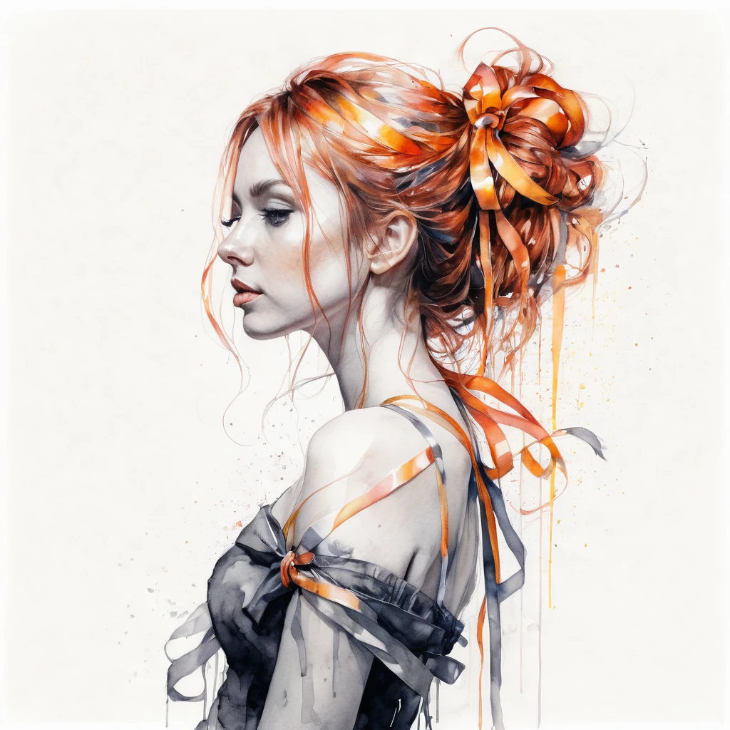 (8k, best quality, masterpiece:1.2),(best quality:1.0), (ultra highres:1.0), pencil artwork, a beautiful woman, shoulder, hair ribbons, by agnes cecile, full body portrait, extremely luminous bright design, (ink:1.3), autumn lights, full body