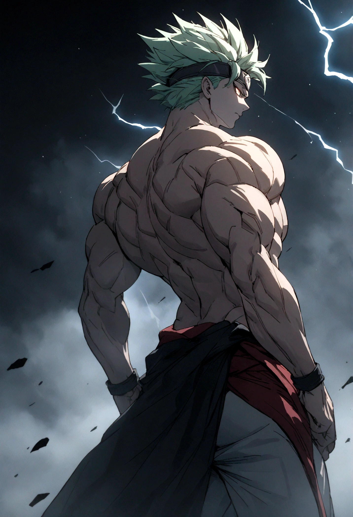 "(Best Quality,4K,8k,High resolution,masterpiece:1.2),Ultra-detailed,, Manga art wearing a headband、whole body、Forehead protector、Intense thunder、Stormy Night、male, Ivory skin, Thor、whole body、Wear a red loincloth around your waist、Green Hair、White trousers、Super Saiyan、Messy hair, green, spiky hair, sharp eyes, Grey Iris, Wear a black coat,  Naked torso, Muscular body, Sports Body, Sharp jaw line, Glare, Cold and mysterious personality, whole body, Sports Body, 8k, detailed feature, Very handsome, Dreamy look, Bright lighting, Lightning Background, Intense thunder、Stormy Night、whole body、Gives off an intense aura、Halo on your back