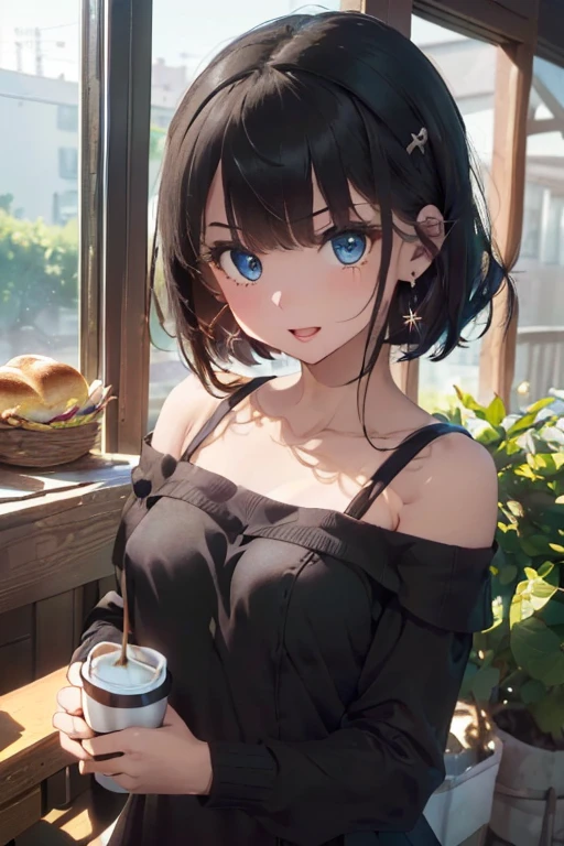 (perky chest:1.2), (pointed chest:1.2),(((Black Tunic:1.3))),(((cakes and bread in the basket),Cute and beautiful girl,Cute round face,Cute smile,with blush cheeks,Red Lip,solo, looking at viewer, open mouth, have a cute grass of cute beergrass,black hair, dark green eyes, dress, bare shoulders, jewelry, collarbone, sidelocks, hairband, earrings, indoors, off shoulder, sweater, arms behind back, plant, short hair with long locks, gild hairband, off-shoulder dress, sweater dress, off-shoulder sweater, black sweater, dark gord hair, big side hair, very long side hair,is rendered in (masterpiece: 1.2, best quality), with (ultra high resolution) and an exquisite (depth of field),(Bangs are see-through bangs),hair pin,hair adornments,detailed clothes features,Detailed hair features,detailed facial features,(Dynamic angles),(Dynamic and sexy poses),Cinematic Light,(masutepiece,top-quality,Ultra-high resolution) ,(The 8k quality,Anatomically accurate facial structure,),(Sea Art 2 Mode:1.3),(Image Mode Ultra HD) ,(Hold a coffee in your hand:1.3),delicate beautiful face, Bright blue eyes, cute eyes, sparkling eyes, Big eyes, (perky chest:1.1), (pointed chest:1.3), looking at viewer,
