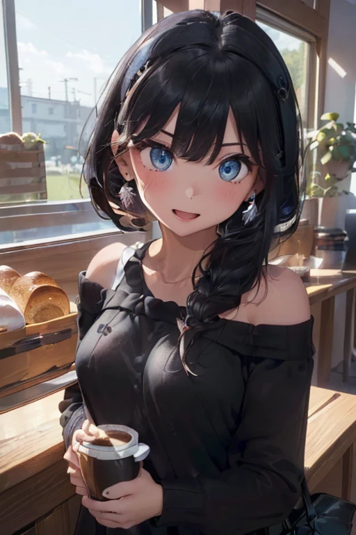 (perky chest:1.2), (pointed chest:1.2),(((Black Tunic:1.3))),(((cakes and bread in the basket),Cute and beautiful girl,Cute round face,Cute smile,with blush cheeks,Red Lip,solo, looking at viewer, open mouth, have a cute grass of cute beergrass,black hair, dark green eyes, dress, bare shoulders, jewelry, collarbone, sidelocks, hairband, earrings, indoors, off shoulder, sweater, arms behind back, plant, short hair with long locks, gild hairband, off-shoulder dress, sweater dress, off-shoulder sweater, black sweater, dark gord hair, big side hair, very long side hair,is rendered in (masterpiece: 1.2, best quality), with (ultra high resolution) and an exquisite (depth of field),(Bangs are see-through bangs),hair pin,hair adornments,detailed clothes features,Detailed hair features,detailed facial features,(Dynamic angles),(Dynamic and sexy poses),Cinematic Light,(masutepiece,top-quality,Ultra-high resolution) ,(The 8k quality,Anatomically accurate facial structure,),(Sea Art 2 Mode:1.3),(Image Mode Ultra HD) ,(Hold a coffee in your hand:1.3),delicate beautiful face, Bright blue eyes, cute eyes, sparkling eyes, Big eyes, (perky chest:1.1), (pointed chest:1.3), looking at viewer,
