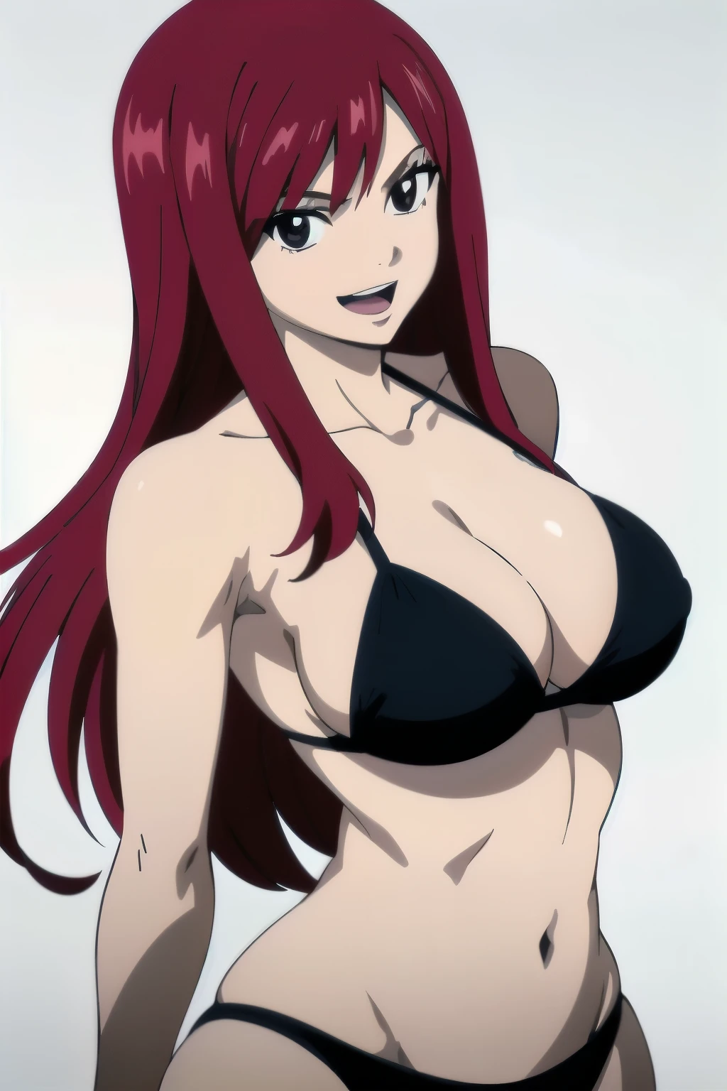 ((white color background)), cowboy shot, 4k, very high color saturation, tall woman, bold drawing lines, ultra detailed body and face, perfect body proportions, highest quality, 1girl, solo, ((white color background)), thick arms , looking at viewer, smile, ERZASCARLET, BARE SHOULDERS, big breasts, off-shoulders, (black bikini, black bikini), tall girl, detailed red hair, smile, open mouth, big eyes, groin, long belly, wide shoulders