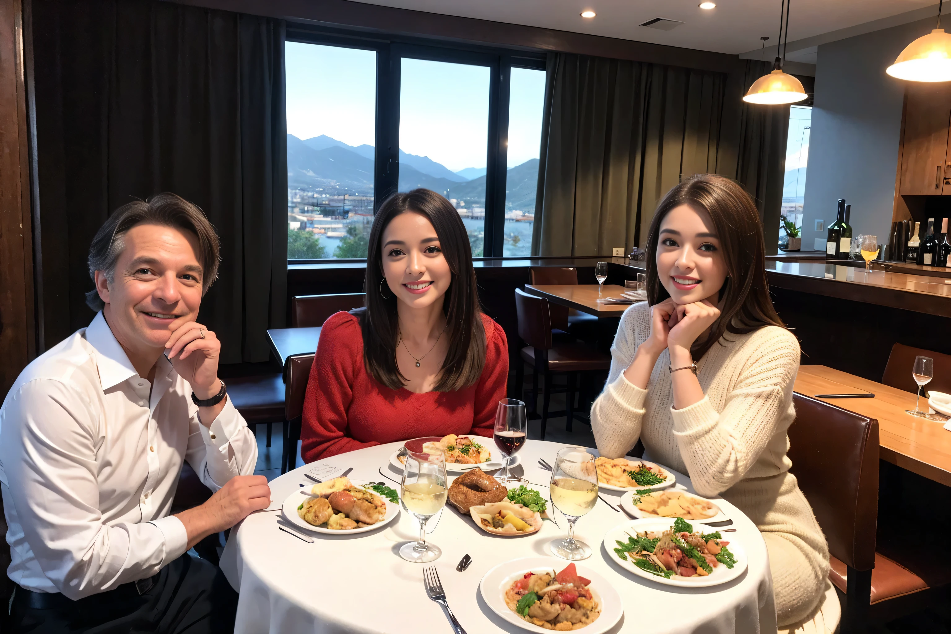 ((highest quality、8k、masterpiece:1.3))、1 male 1 female、Lovers、beautiful couple、Happy Smile、 (Slim face), (The body is スリム), (Brown Hair), (Shortcuts), ((Bob Hale、Straight hair:1.2)), Wine glass on the table、Please put light on my face、 Amazing view of the sunset sky and clouds、Amazing mountain views、The wonderfulness of smiles、Bright image、Blushing, Shortcuts,Bright Face、 (42 years old), 39 years old, red wine 、Appetizers、Italian food、Wine bottle、Champagne、sparkling wine、Long sleeve shirt、dress、Attractive beauty、restaurant, Nova Frog Style, actress, model, Upper Body, White wine, red wine, wine glass, 