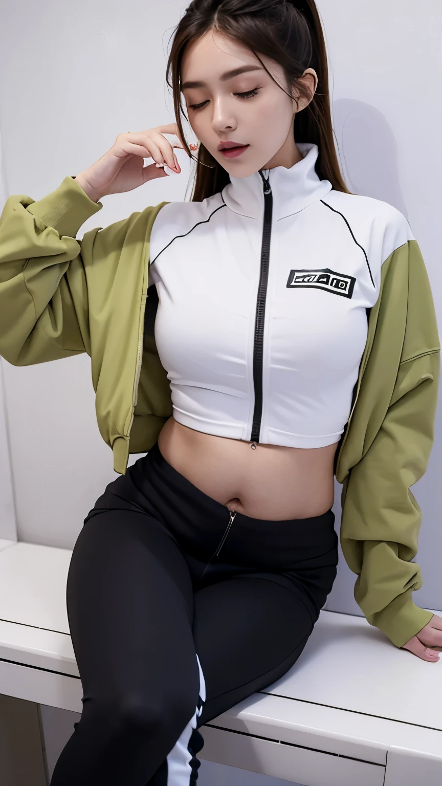 (photorealistic),(masterpiece),(ultra-detailed),a very pretty and sexy 20 year old girl holding more than liters of pee, wearing crop jacket and skin tight track pants, lower abdomen part of the tight track pants bulging from full bladder as sphere that is big as her as if she was fully nine months pregnant but smooth rounded ,enduring extreme urge to pee,eyes slightly closed,pee about to come out,sweating,legs crossed over very tightly, sexy legs