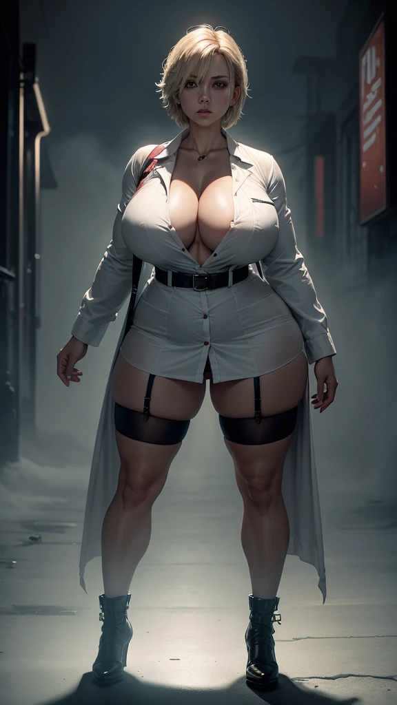 huge body woman nurse, long open shirt, stockings, Silent hill dark city, night, fog, more colours, strong stance, full body shot