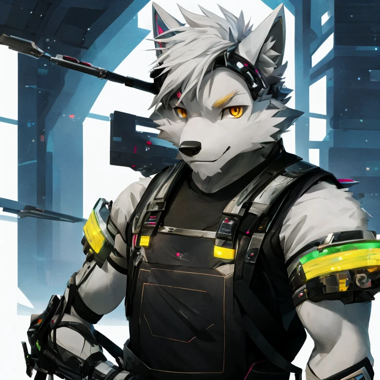 cyber punk perssonage,epcot,Tech style,solo person,White body,White ears,White hair,Overall white,Orange-yellow eyes,Wolf tail,Wolf orcs,Young,Wear a short-sleeved shirt,Ultra-clear screen,Soft lines
