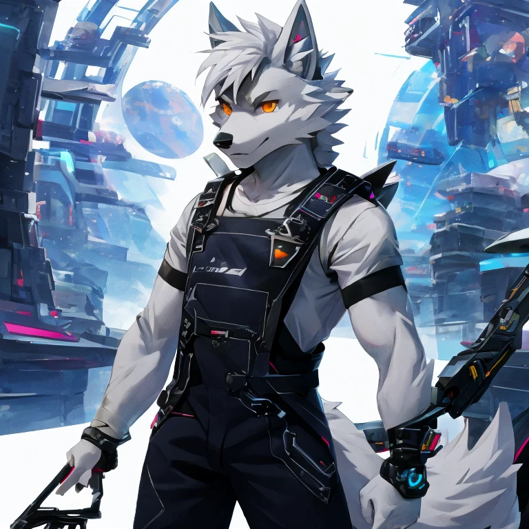 cyber punk perssonage，epcot，Tech style，solo person，White body，White ears，White hair，Overall white，Orange-yellow eyes，Wolf tail，Wolf orcs，Young，Wear a short-sleeved shirt，Ultra-clear screen，Soft lines