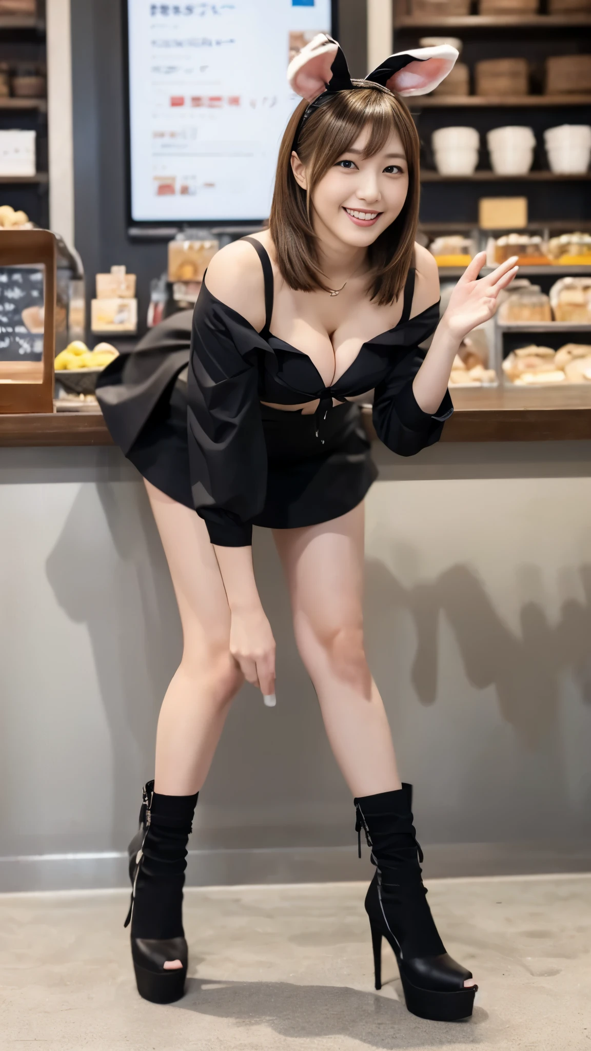 Bunny girl working at maid cafe:1.5,The best smile:1.5,Full Body Shot:1.5,Gray background:1.5,Wearing black high heels:1.5,salute:1.5,Leaning forward to accentuate cleavage:1.5