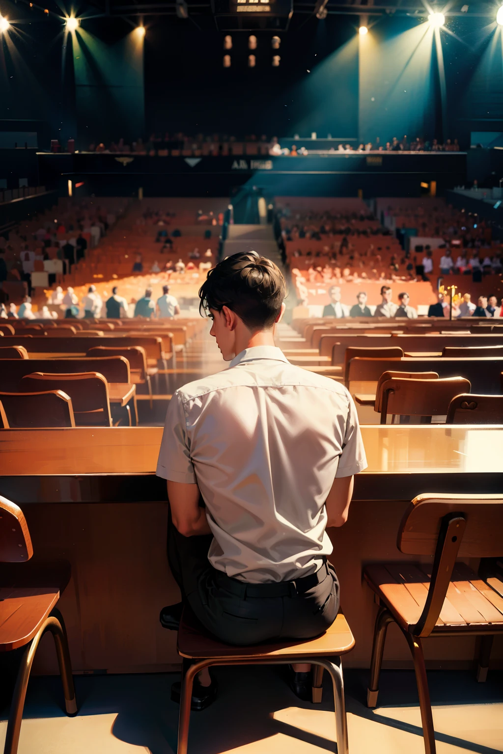 ((best quality)), ((masterpiece)), (detailed), perfect face A boy sat alone on a chair behind a table in the middle of the court，Facing the audience，The seats behind the stage are full of people，There was a middle-aged couple next to him who was scolding him fiercely.，Perfect face，Black Hair

