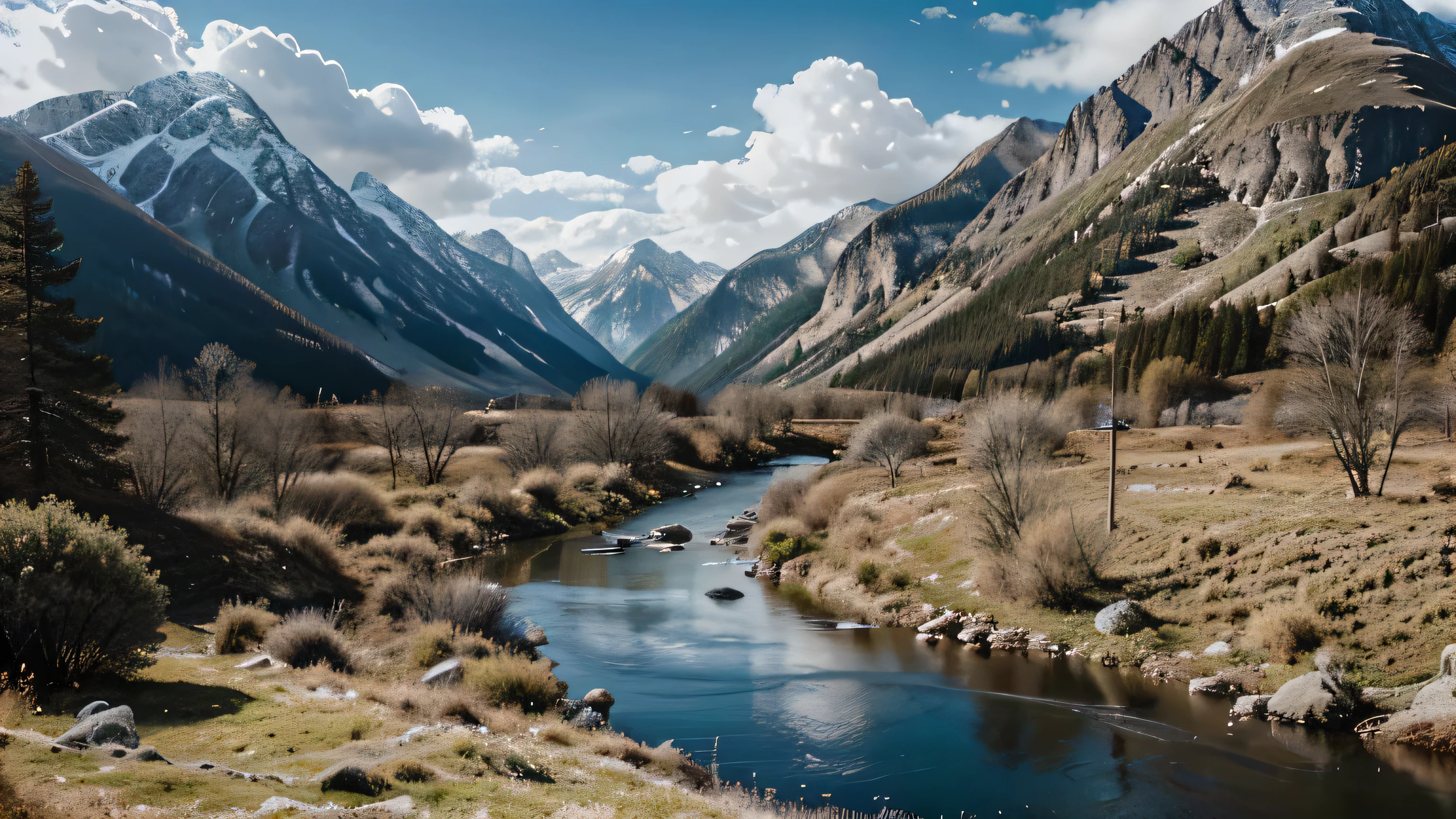 Create an ultra-realistic image of a natural mountain view. The scene should include a clear river flowing through the landscape and a cloudy sky overhead. The image should be so detailed and lifelike that it looks like a photo taken by a human