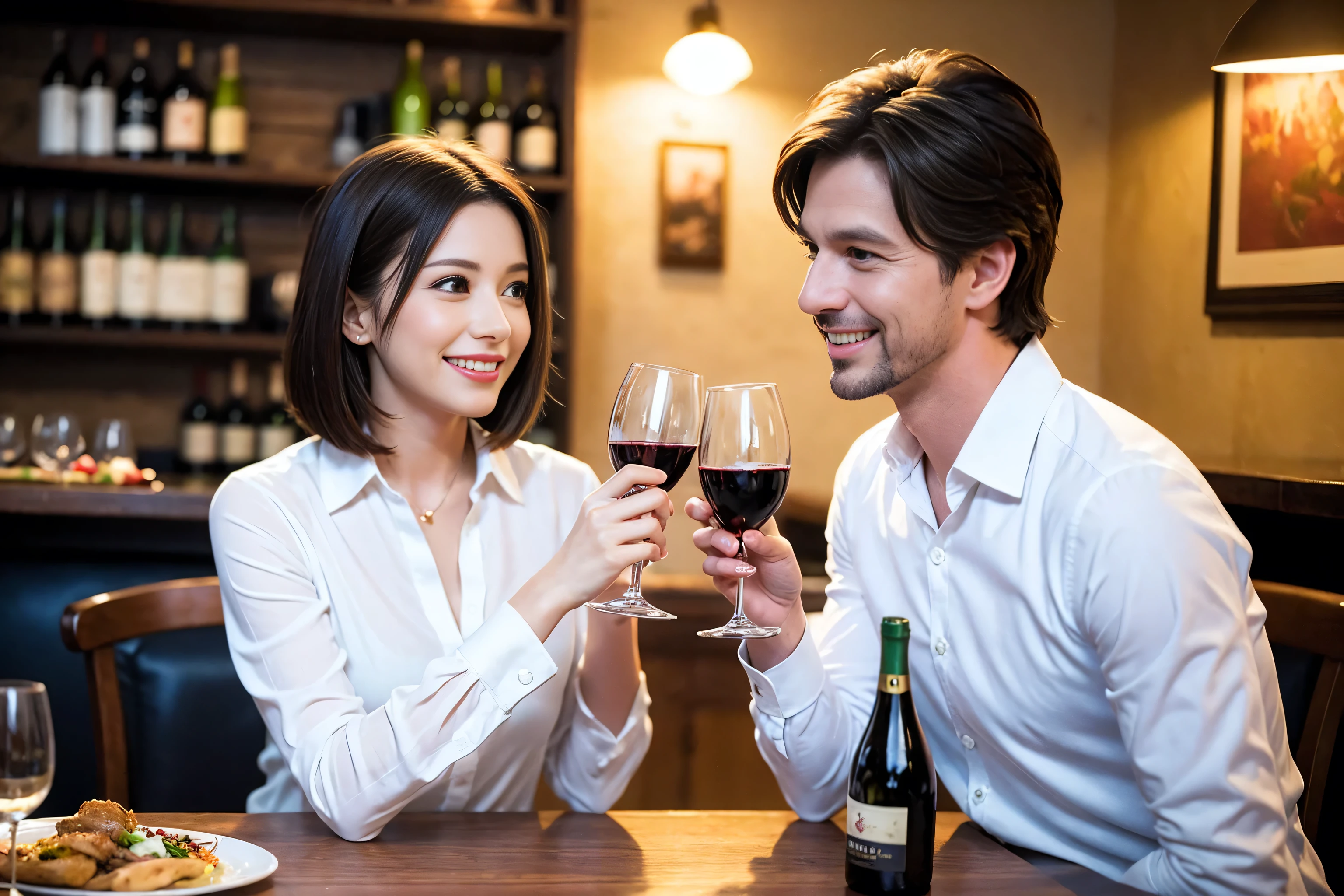 ((highest quality、8k、masterpiece:1.3))、1 male 1 female、Lovers、beautiful couple、Happy Smile、 (Slim face), (The body is スリム), (Brown Hair), (Shortcuts), ((Bob Hale、Straight hair:1.2)), Wine glass on the table、Please put light on my face、 Amazing view of the sunset sky and clouds、Amazing mountain views、The wonderfulness of smiles、Bright image、Blushing, Shortcuts,Bright Face、 (Age 35), 39 years old, red wine 、Appetizers、Italian food、Wine bottle、Champagne、sparkling wine、Long sleeve shirt、dress、Attractive beauty、restaurant, Nova Frog Style, actress, model, Upper Body, White wine, red wine, wine glass, 