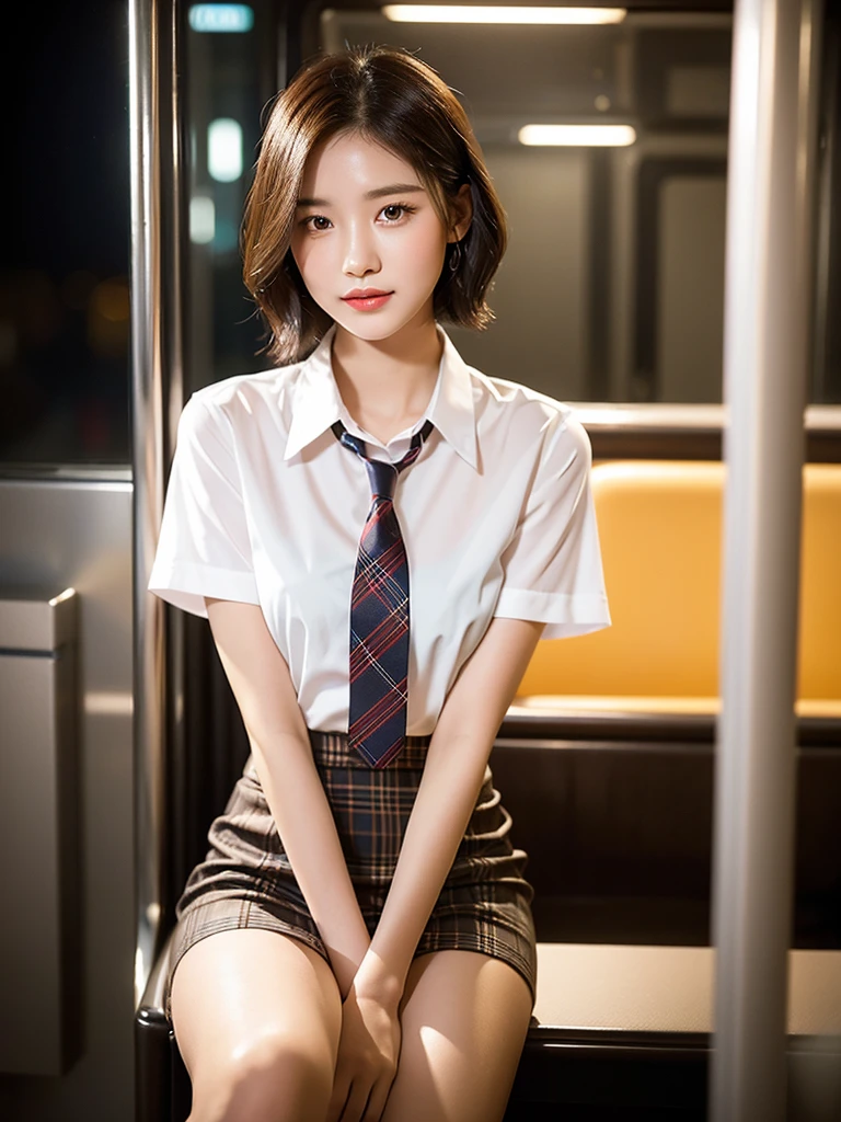 A gorgeous Chinese lady, 20-year-old , resting in an empty china train at night, wearing a white short-sleeve blouse, plaid tie, and plaid mini-skirt, with a youthful, smooth complexion, symmetrical face,beautiful detailed eyes and lips, long eyelashes, a slender figure, and a friendly, approachable smile. She has short bob hair and a confident, poised demeanor. Her hair is wet. She's drenched from the heavy rain. The nightsky background is blurred with a Bokeh effect. (best quality,4k,8k,highres,masterpiece:1.2),ultra-detailed,(realistic,photorealistic,photo-realistic:1.37),HDR,UHD,studio lighting,ultra-fine painting,sharp focus,physically-based rendering,extreme detail description,professional,vivid colors,bokeh