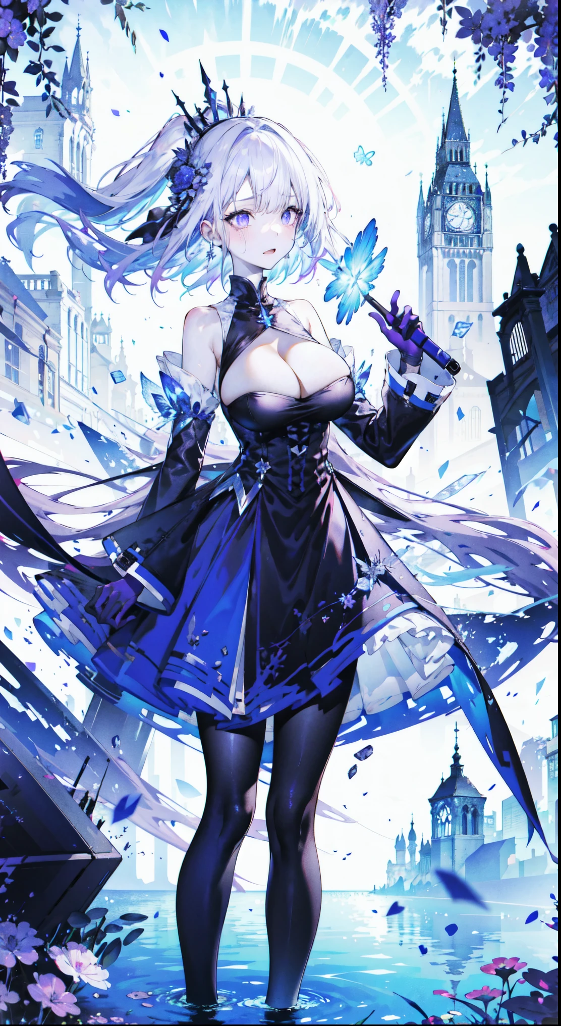 ((masterpiece:1.4,best quality)),(Super detailed),(Extremely detailed eyes),(black leggings,Shiny socks:1.5),Hello Darkness
(Cute girls),,(Blood-red pupils,Diamond-shaped pupil:1.15),Purple Eyeshadow,(elongated hair,Thick hair,Single ponytail,shiny hair:1.5)(Changes through:1.2),White skin,despair,sad,Empty eyes,tears streaming down my face,tilting its head to the side,kneel
(She wears blue armor,A blue dress,:1.5),(Black gloves:1.4)Very long plush sleeves,White,White Cloud,Dream bubbles ,Ice and glitter effects
(Black long skirt:1.1),
(dawn:1.2),
(Intense black and white:1.16),(Depth of Field:1.4),,Intricate details,(Castle in the Sky,Standing by the lake,Purple flowers by the lake),(((Huge breasts,Bare breasts,Deep cleavage)))