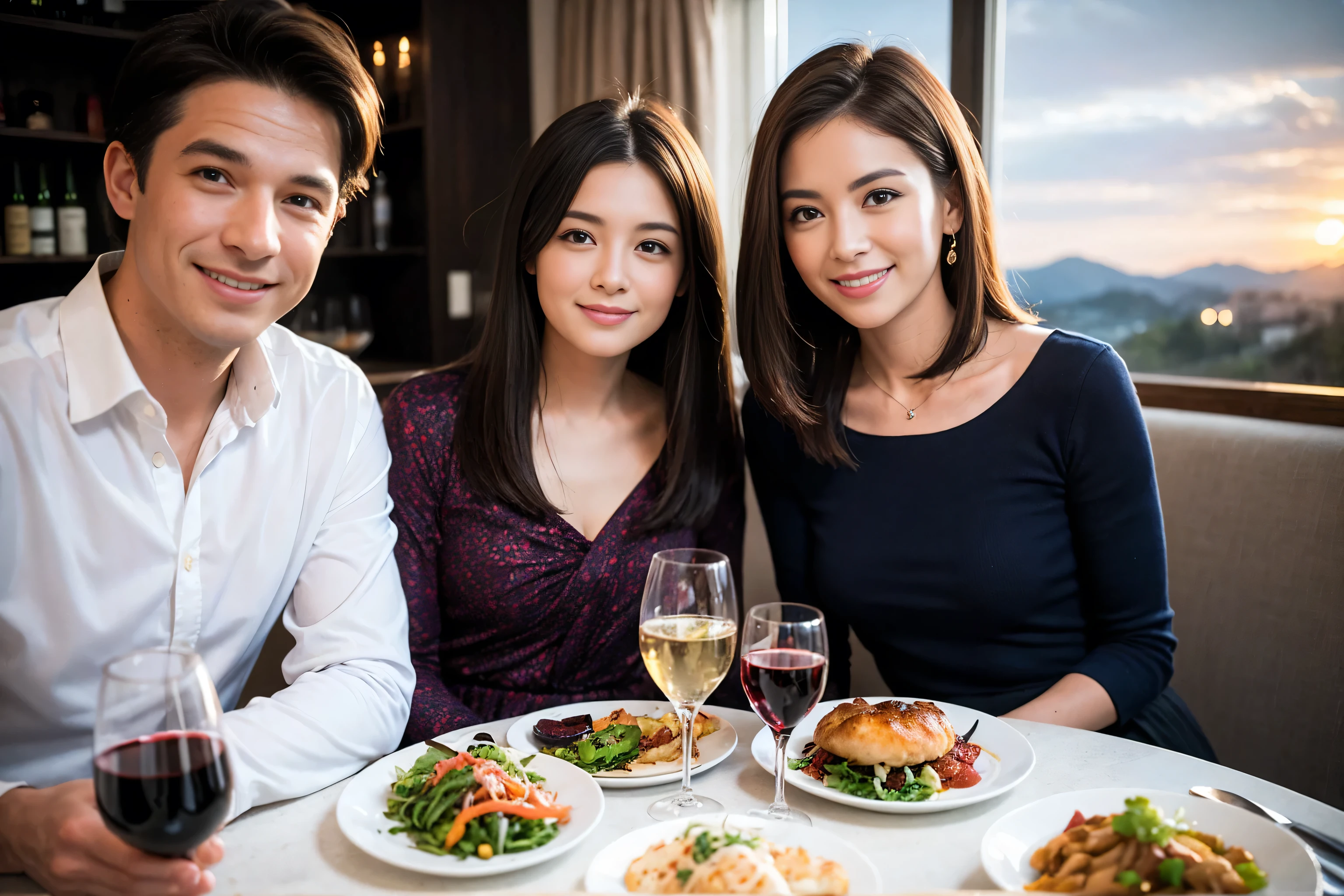 ((highest quality、8k、masterpiece:1.3))、1 male 1 female、Lovers、beautiful couple、Happy Smile、 (Slim face), (The body is スリム), (Brown Hair), (Shortcuts), ((Bob Hale、Straight hair:1.2)), Wine glass on the table、Please put light on my face、 Amazing view of the sunset sky and clouds、Amazing mountain views、The wonderfulness of smiles、Bright image、Blushing, Shortcuts,Bright Face、 (Age 35), 39 years old, red wine 、Appetizers、Italian food、Wine bottle、Champagne、sparkling wine、Long sleeve shirt、dress、Attractive beauty、restaurant, Nova Frog Style, actress, model, Upper Body, White wine, red wine, wine glass,