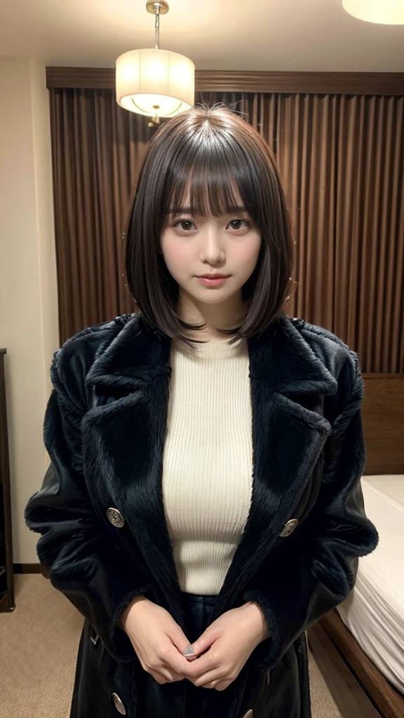 With bangs,Beautiful black hair,Woman with straight medium bob cut,,,21-year-old female,(((No hat))),Aspacarina,((Shy expression)),huge breasts,,Very beautiful eyes, ,(((Wearing a tattered black coat))),white sweater,(make:1.4),Big eyes,Hip Hop Dancer,Gangster style long pants,8k,High resolution,Gangster style,(head shot:1.5), hotel room
