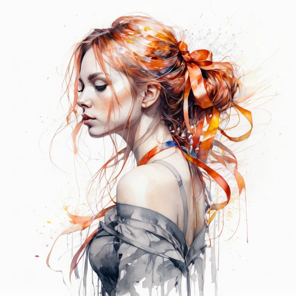 (8k, best quality, masterpiece:1.2),(best quality:1.0), (ultra highres:1.0), pencil artwork, a beautiful woman, shoulder, hair ribbons, by agnes cecile, full body portrait, extremely luminous bright design, (ink:1.3), autumn lights, full body