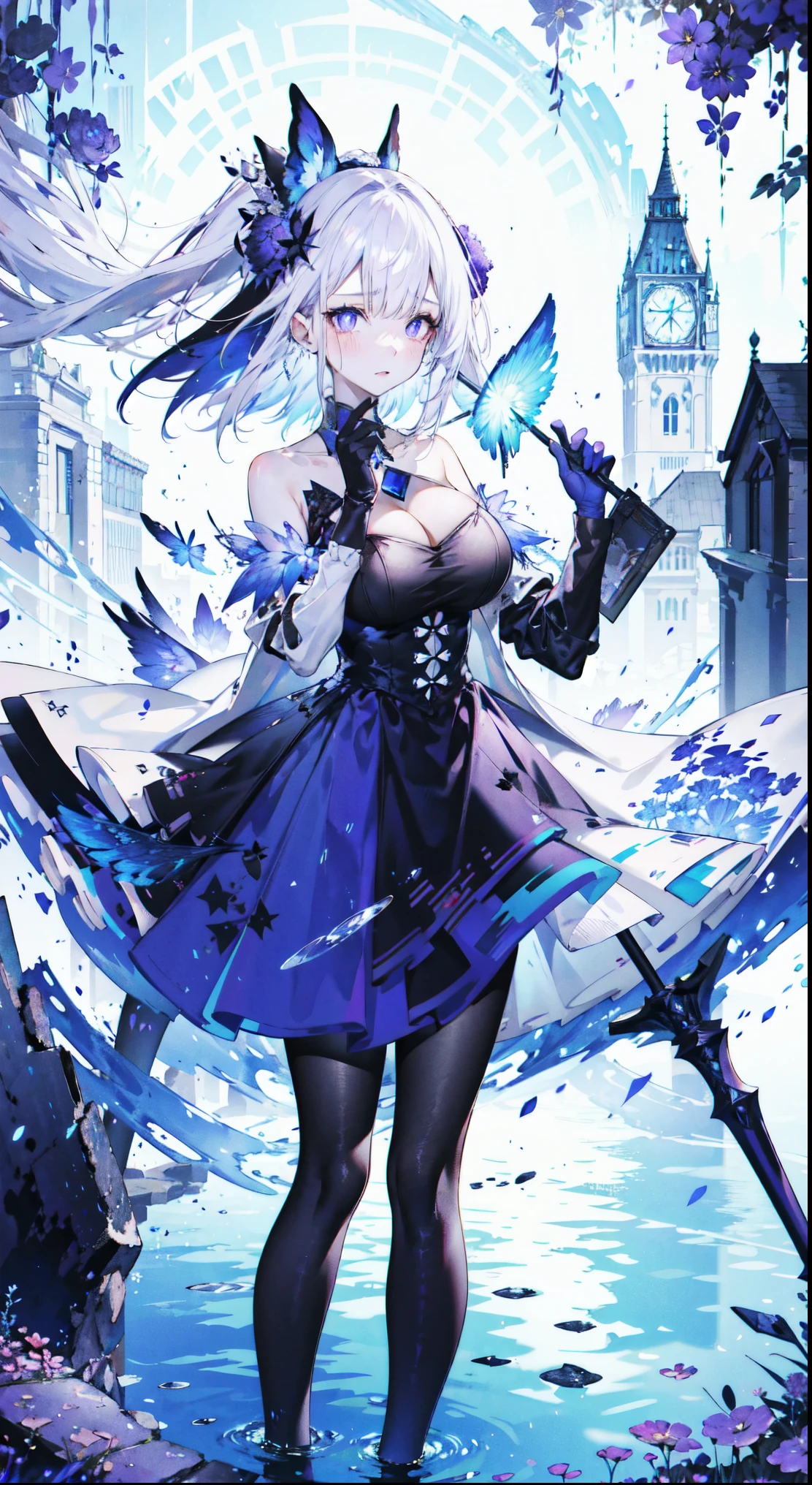 ((masterpiece:1.4,best quality)),(Super detailed),(Extremely detailed eyes),(black leggings,Shiny socks:1.5),Hello Darkness
(Cute girls),,(Blood-red pupils,Diamond-shaped pupil:1.15),Purple Eyeshadow,(elongated hair,Thick hair,Single ponytail,shiny hair:1.5)(Changes through:1.2),White skin,despair,sad,Empty eyes,tears streaming down my face,tilting its head to the side,kneel
(She wears blue armor,A blue dress,:1.5),(Black gloves:1.4)Very long plush sleeves,White,White Cloud,Dream bubbles ,Ice and glitter effects
(Black long skirt:1.1),
(dawn:1.2),
(Intense black and white:1.16),(Depth of Field:1.4),,Intricate details,(Castle in the Sky,Standing by the lake,Purple flowers by the lake),(((Huge breasts,Bare breasts,Deep cleavage)))