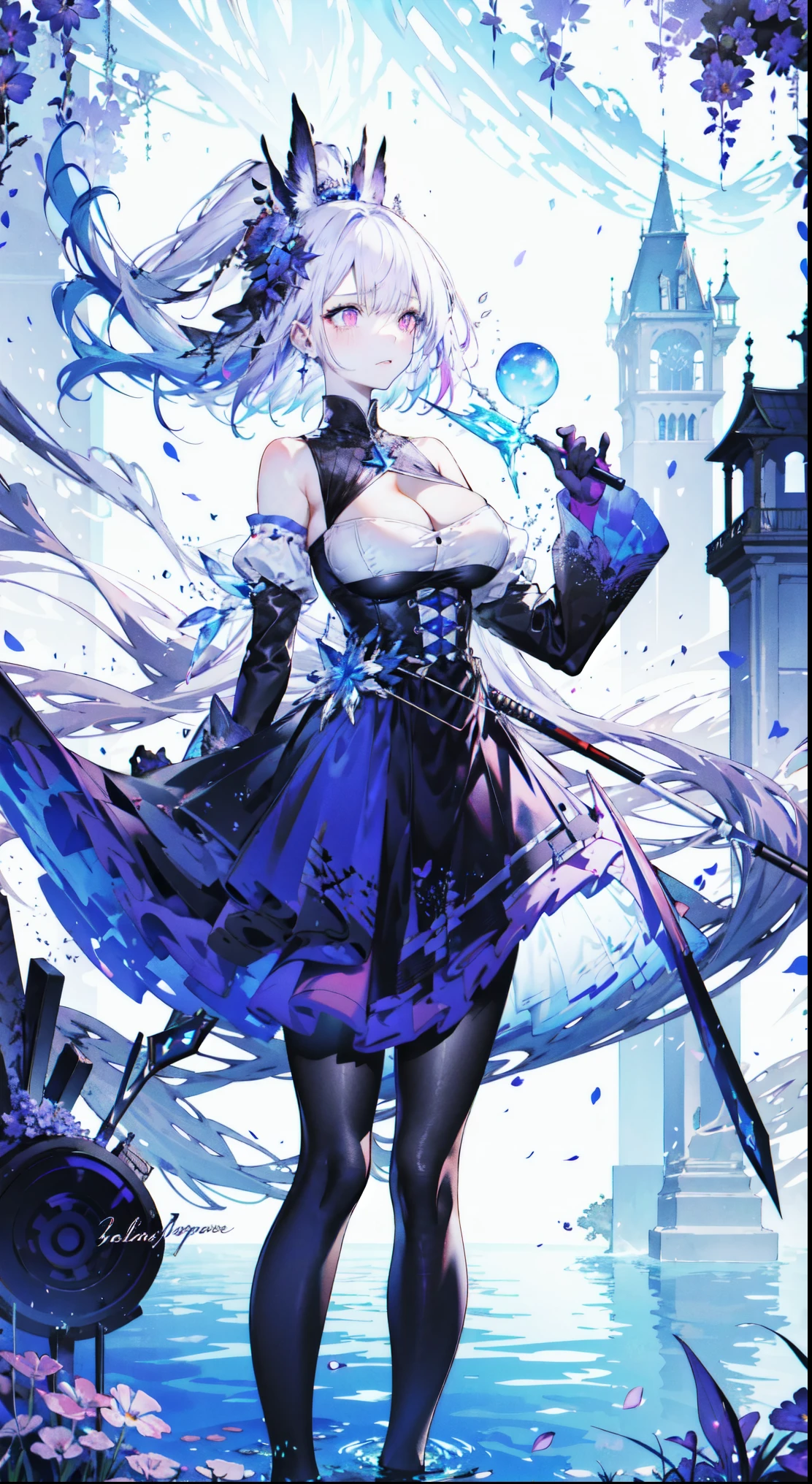 ((masterpiece:1.4,best quality)),(Super detailed),(Extremely detailed eyes),(black leggings,Shiny socks:1.5),Hello Darkness
(Cute girls),15 years old,(Blood-red pupils,Diamond-shaped pupil:1.15),Purple Eyeshadow,(elongated hair,Thick hair,Single ponytail,shiny hair:1.5)(Changes through:1.2),White skin,despair,sad,Empty eyes,tears streaming down my face,tilting its head to the side,kneel
(She wears blue armor,A blue dress,:1.5),(Black gloves:1.4)Very long plush sleeves,White,White Cloud,Dream bubbles ,Ice and glitter effects
(Black long skirt:1.1),
(dawn:1.2),
(Intense black and white:1.16),(Depth of Field:1.4),,Intricate details,(Castle in the Sky,Standing by the lake,Purple flowers by the lake),(((Huge breasts,Bare breasts,Deep cleavage)))