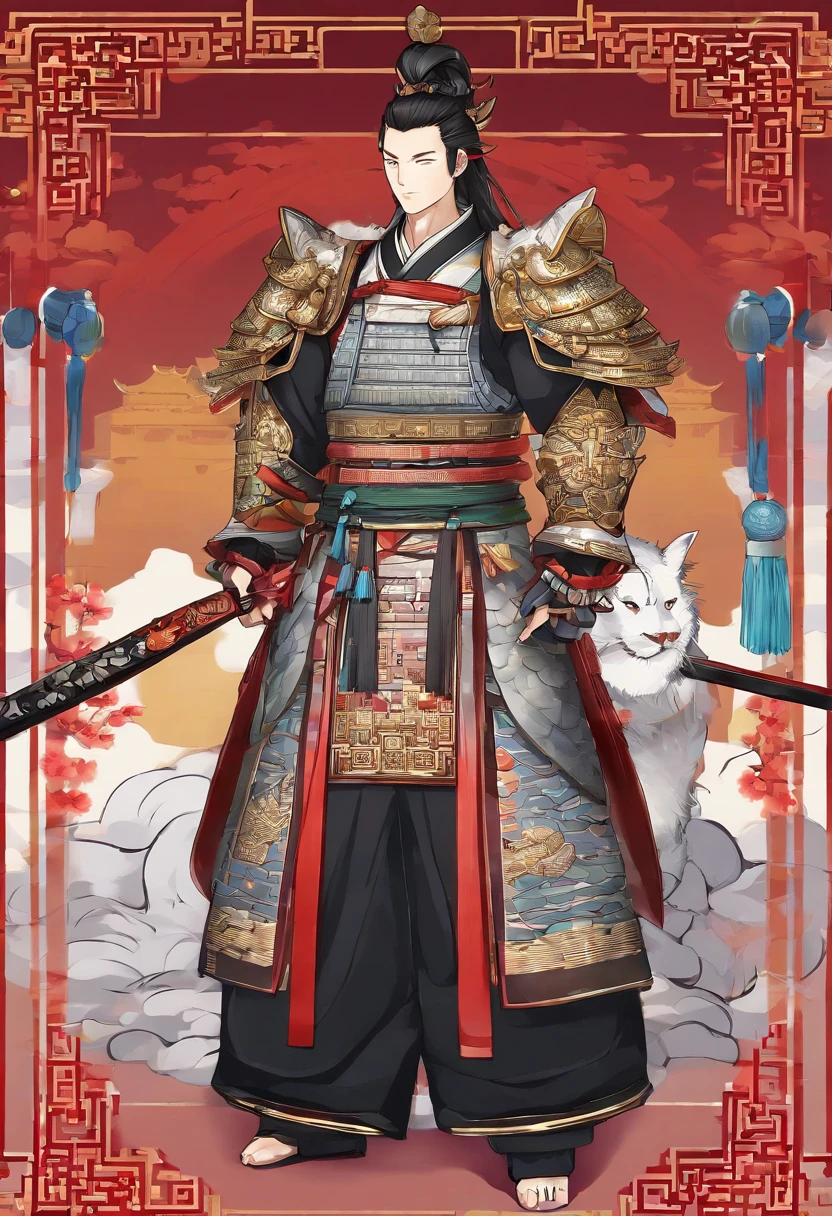 Ancient Chinese man in armor、Clever man、Looking into the camera、His hair is in a bun、Only one topknot、Black Hair、Stand and pose、Pixel art、(masterpiece, highest quality, highest quality), pixel,pixel art,whole body,Characters in Romance of the Three Kingdoms、Transform、Short Deformation、The head is decorated with white embroidery......、Handsome man in trousers